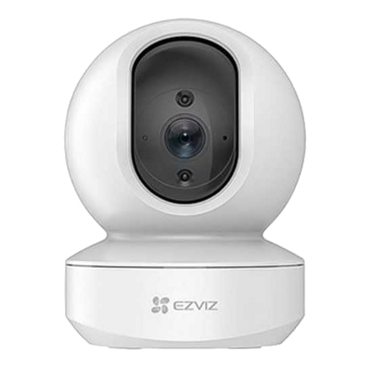 Cámara de seguridad blanca y redondeada con lente negra y el logo de EZVIZ.