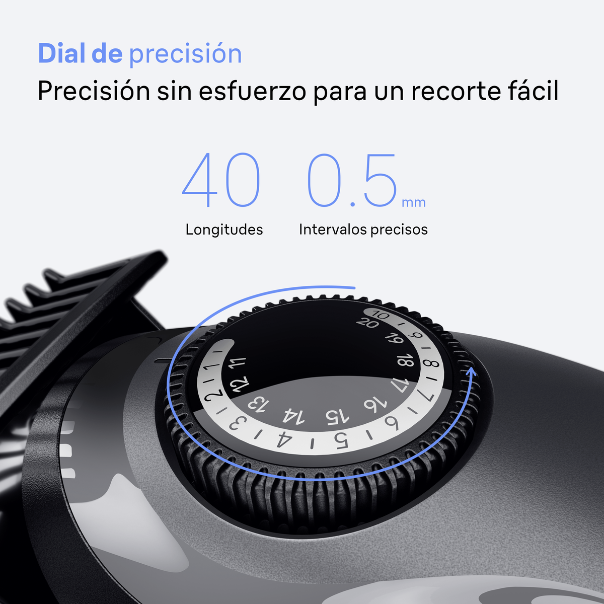 Zbliżenie pokrętła trymera. Pokrętło jest czarne z cyframi. Pokazuje długości 40 mm i 0,5 mm.