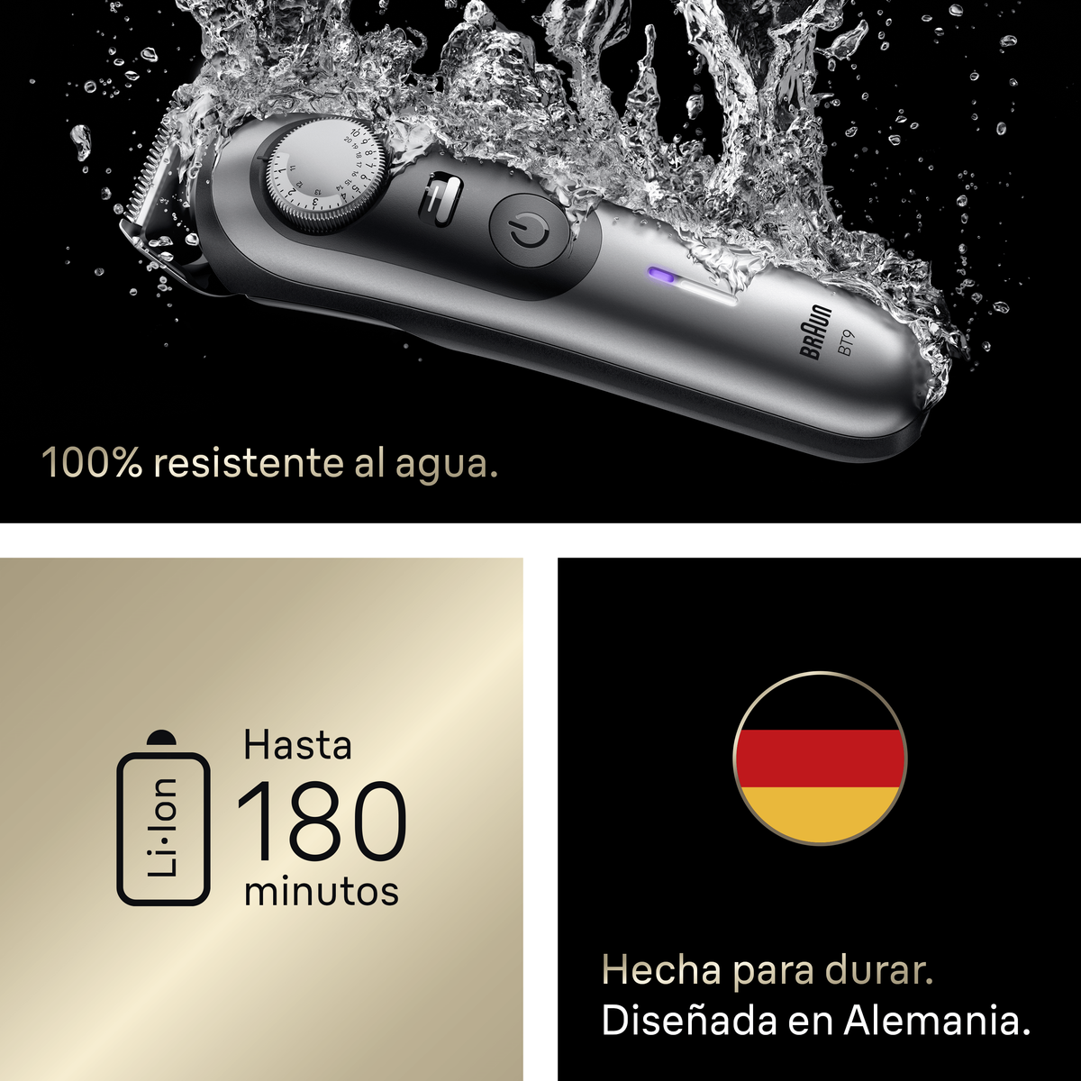 Srebrno-czarna golarka elektryczna w wodzie. Posiada przycisk zasilania, pokrętło i logo Braun.