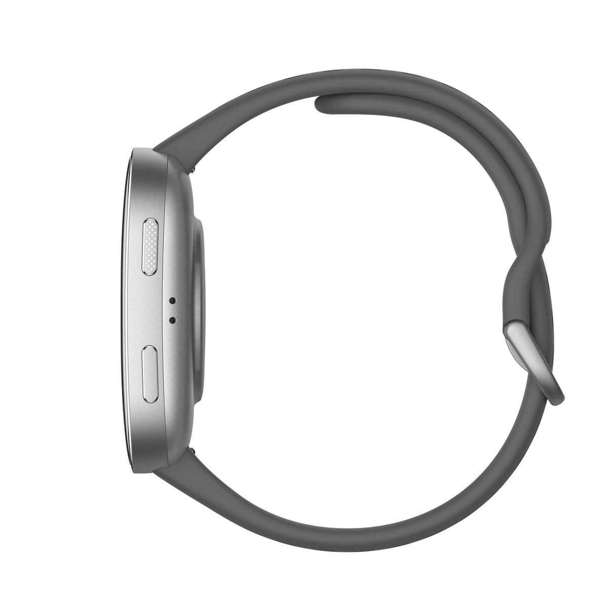 Widok z boku srebrnego smartwatcha z szarym paskiem. Czarne tło.