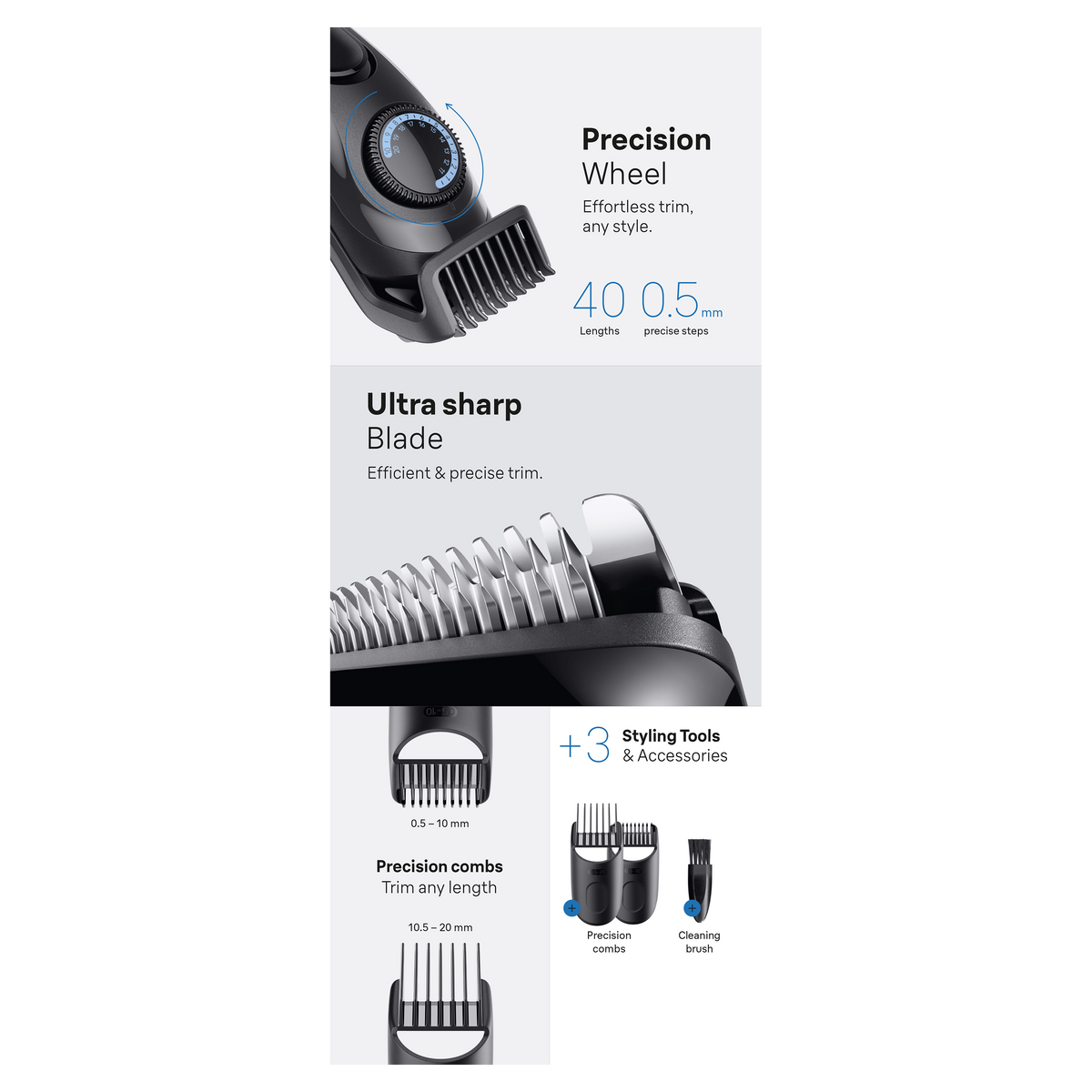 Zbliżenie narzędzi do pielęgnacji z pokrętłem precyzyjnym, ostrzami i grzebieniami do stylizacji.