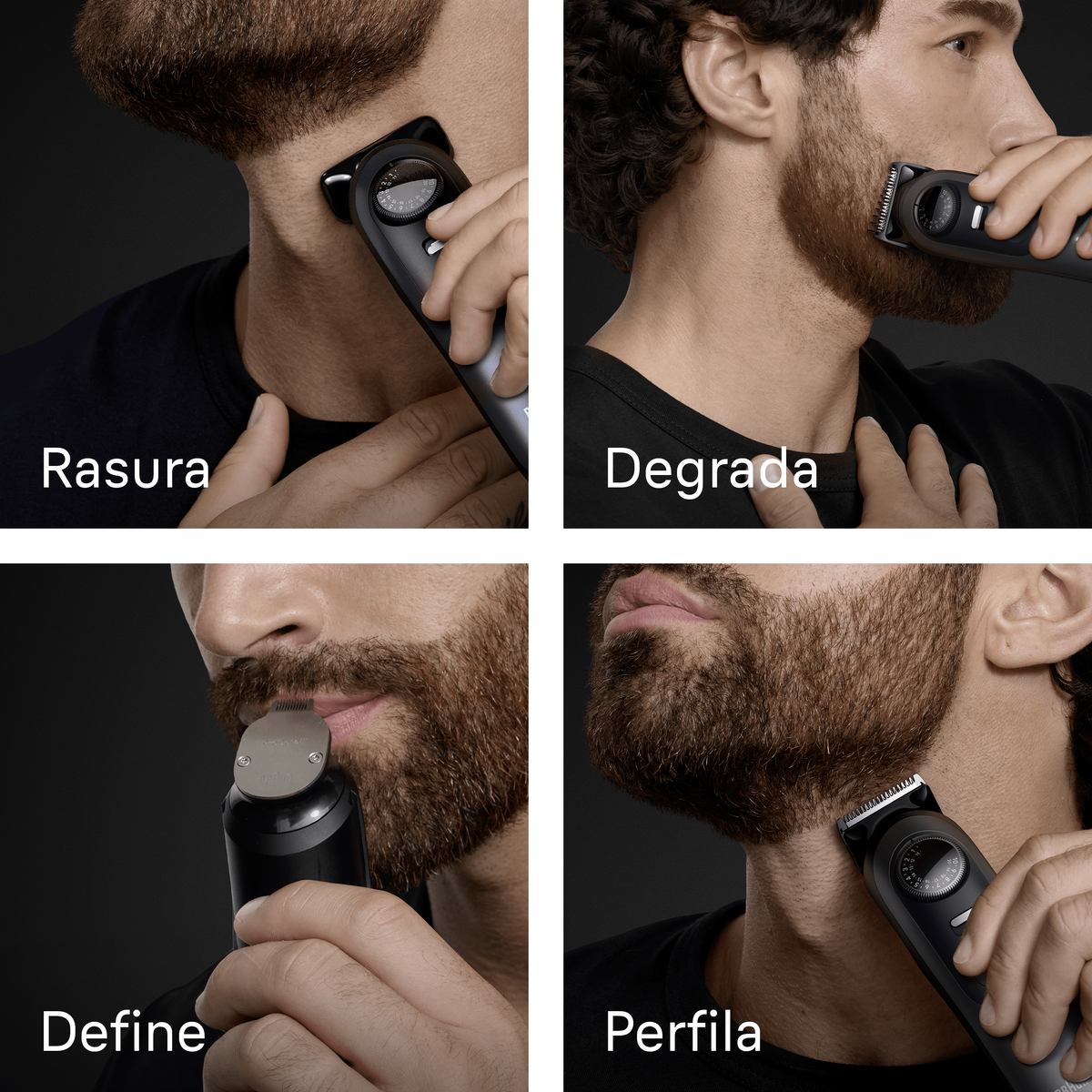 Cztery obrazy pokazujące przycinanie brody z różnymi czynnościami: golenie, obramowanie, definiowanie i stylizacja.