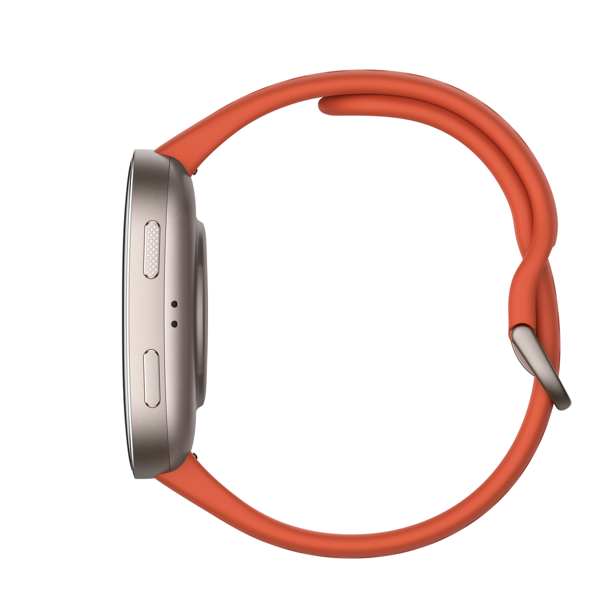 Widok z boku srebrnego smartwatcha z pomarańczowym paskiem na czarnym tle.