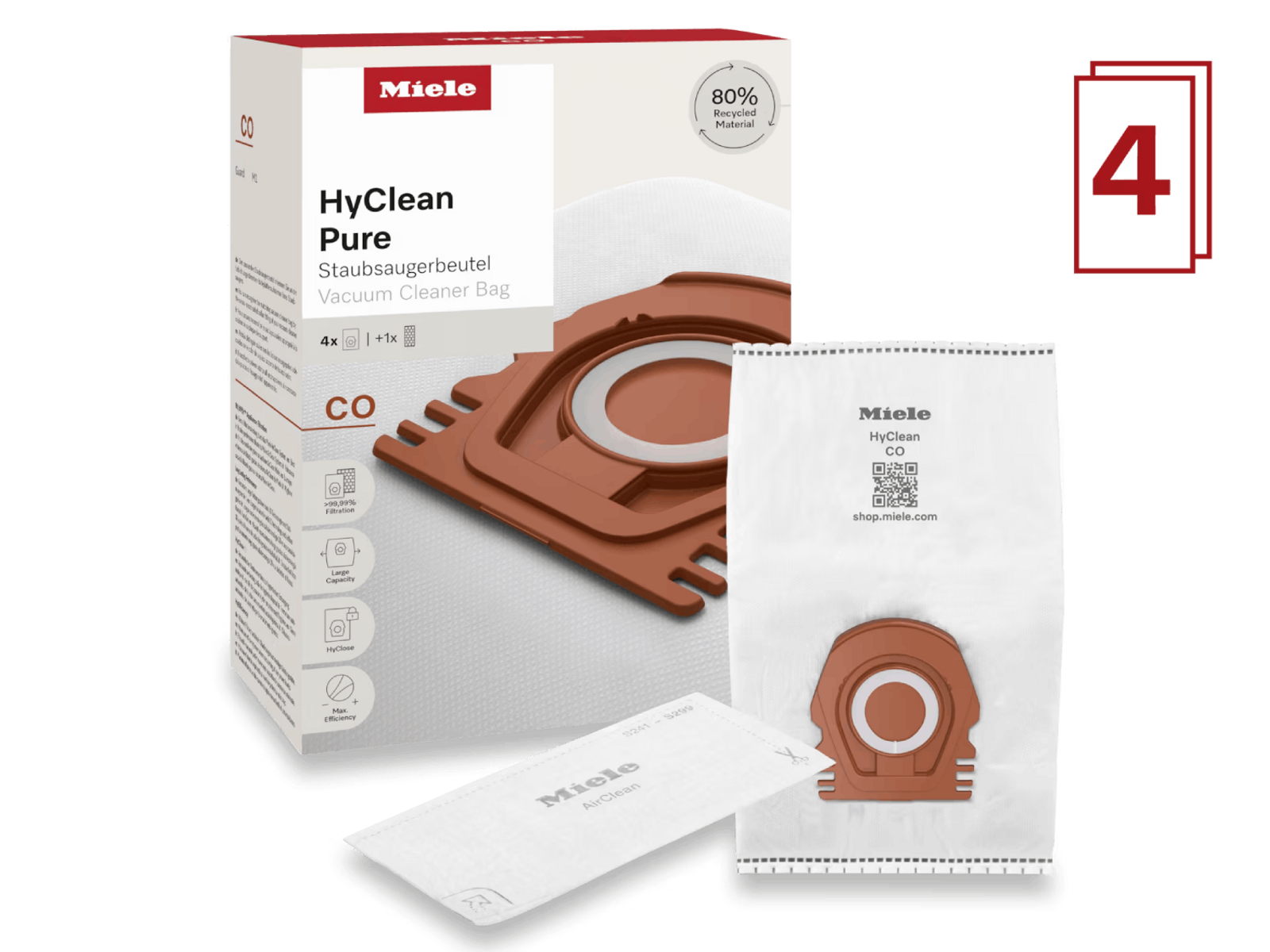Miele HyClean Pure elektrikli süpürge torbaları. Torbalar ve filtre ile ambalaj kutusu. Beyaz arka plan.