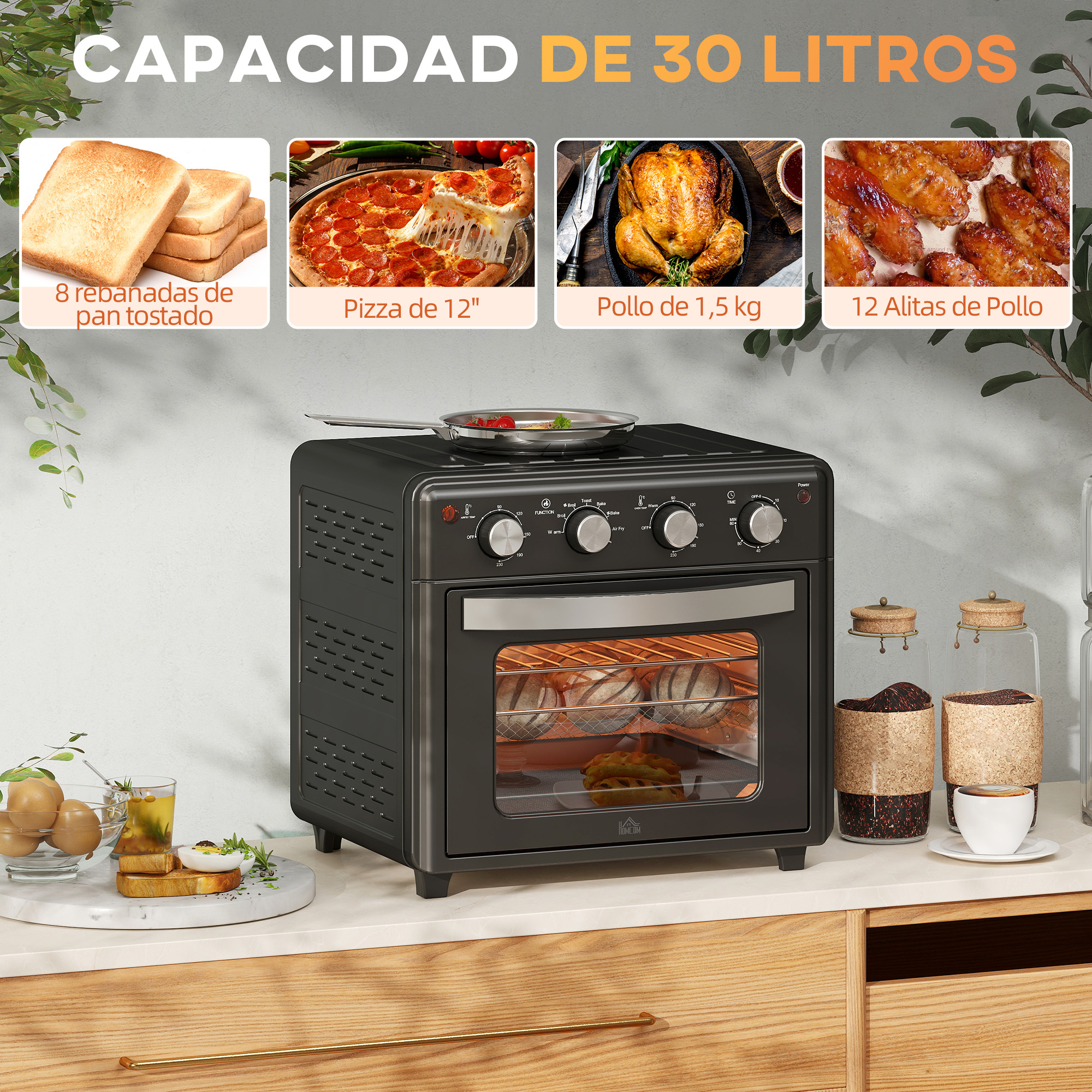 Un horno freidora de aire negro con comida dentro e imágenes de comida encima.