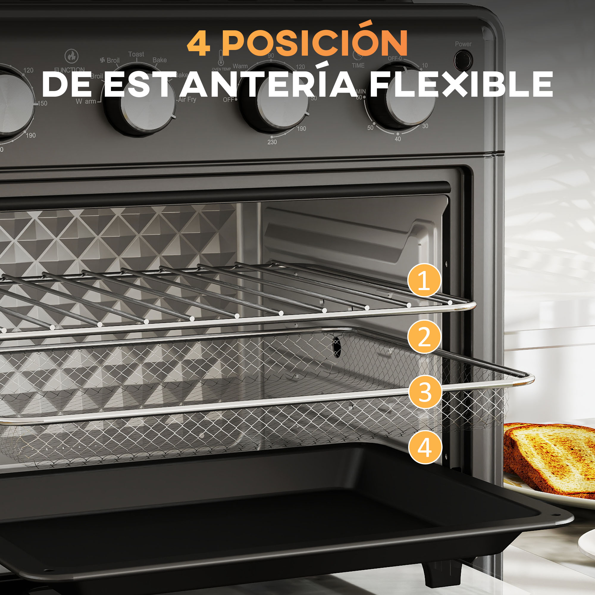 Freidora de aire abierta con cuatro posiciones para la rejilla. Negro y plata. Tostada dentro.