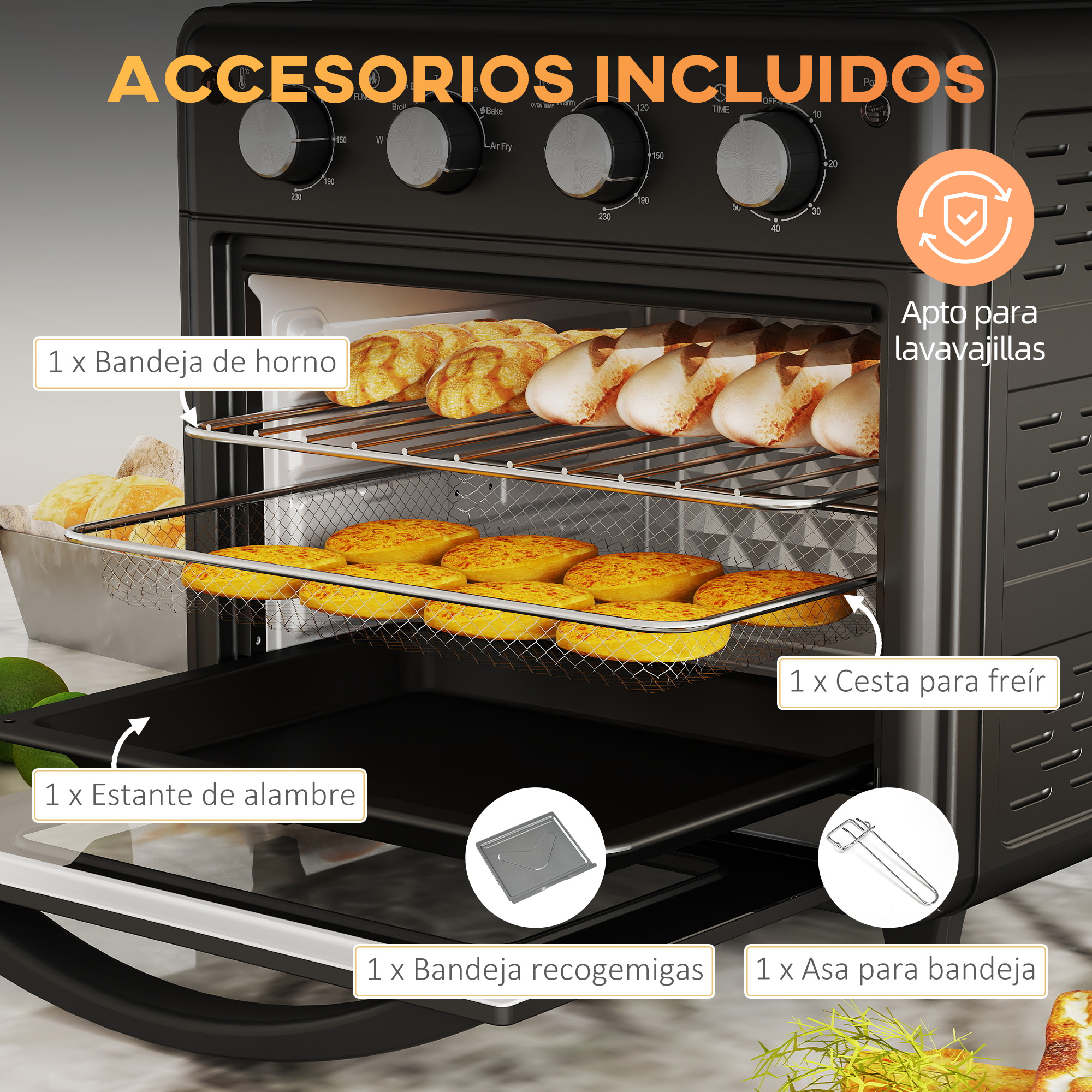 Un horno freidora de aire lleno de comida. Se incluyen varios accesorios, que se muestran en la imagen.