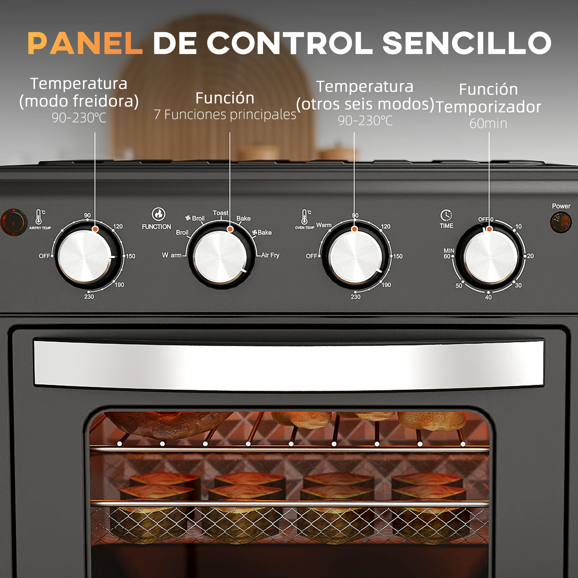 Panel de control de horno negro con diales y botones para temperatura y función.
