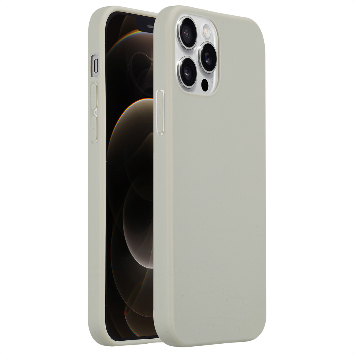 Een telefoonhoesje in een lichtgrijze kleur. Het staat op een witte achtergrond. De hoes bedekt de achterkant en zijkanten.