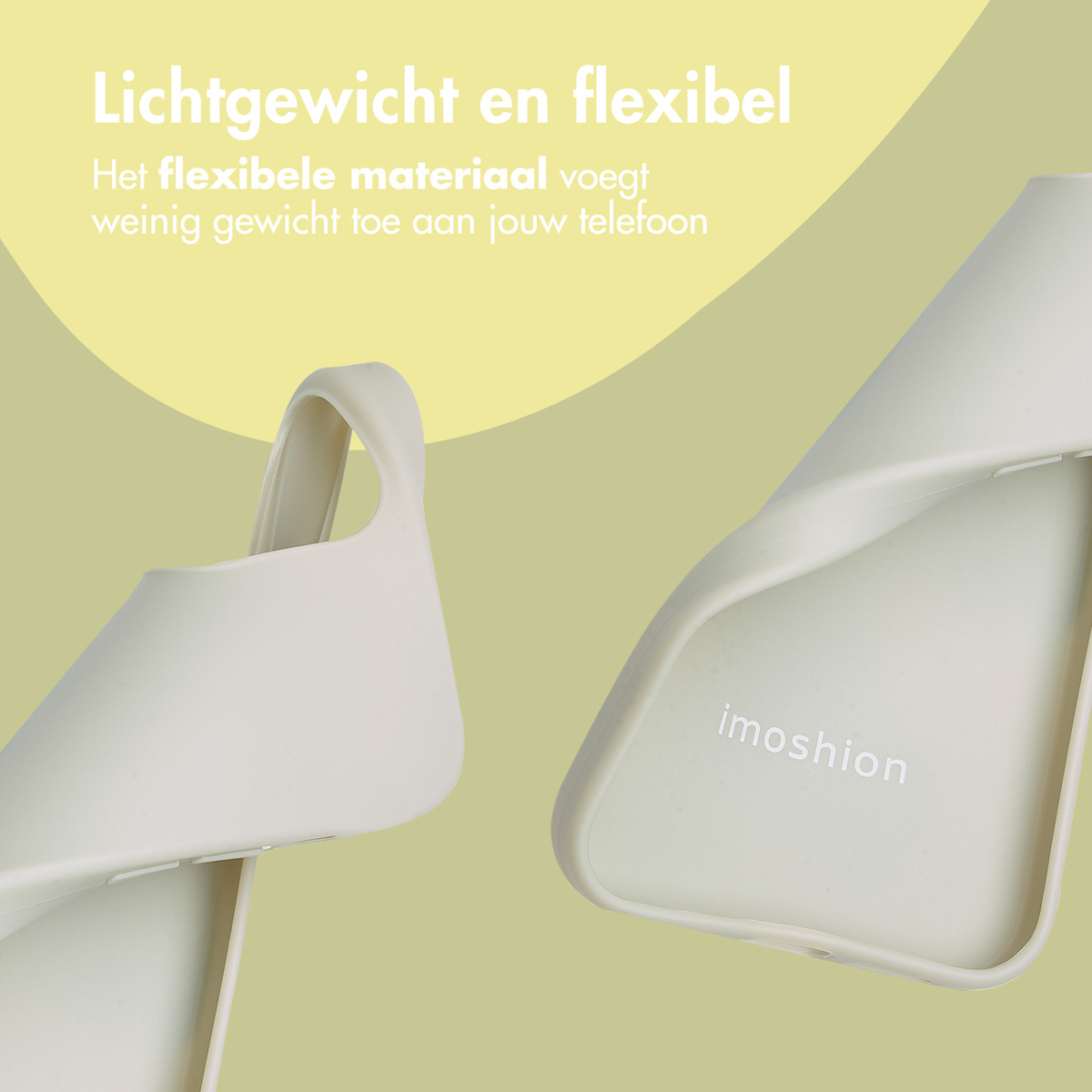 Twee telefoonhoesjes. Eén ligt op zijn kant. De andere heeft een wit imoshion-logo.