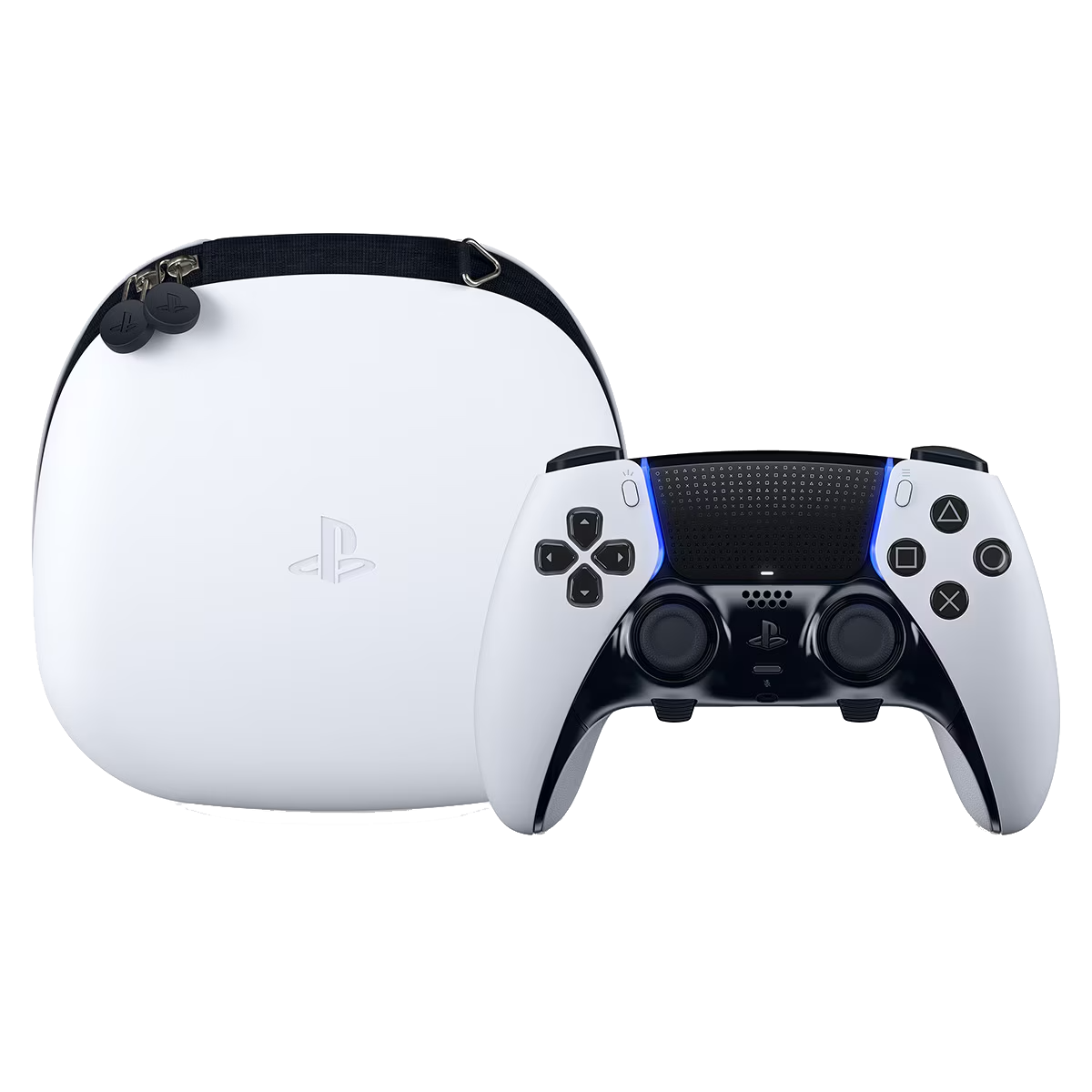 Un controller e una custodia Playstation bianchi su sfondo bianco. Il controller è visibile.