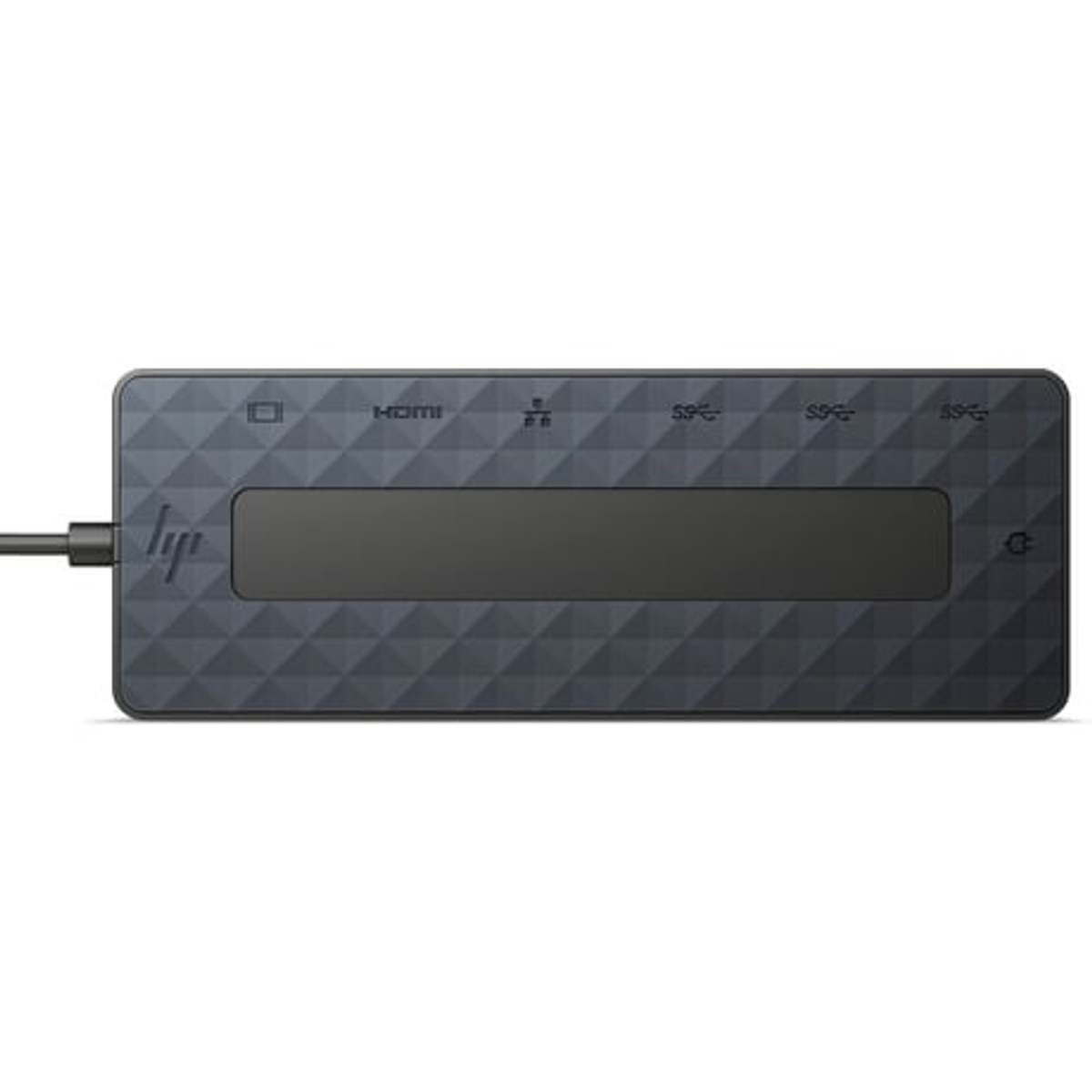 Un hub da viaggio HP USB-C nero con più porte, tra cui HDMI e USB.