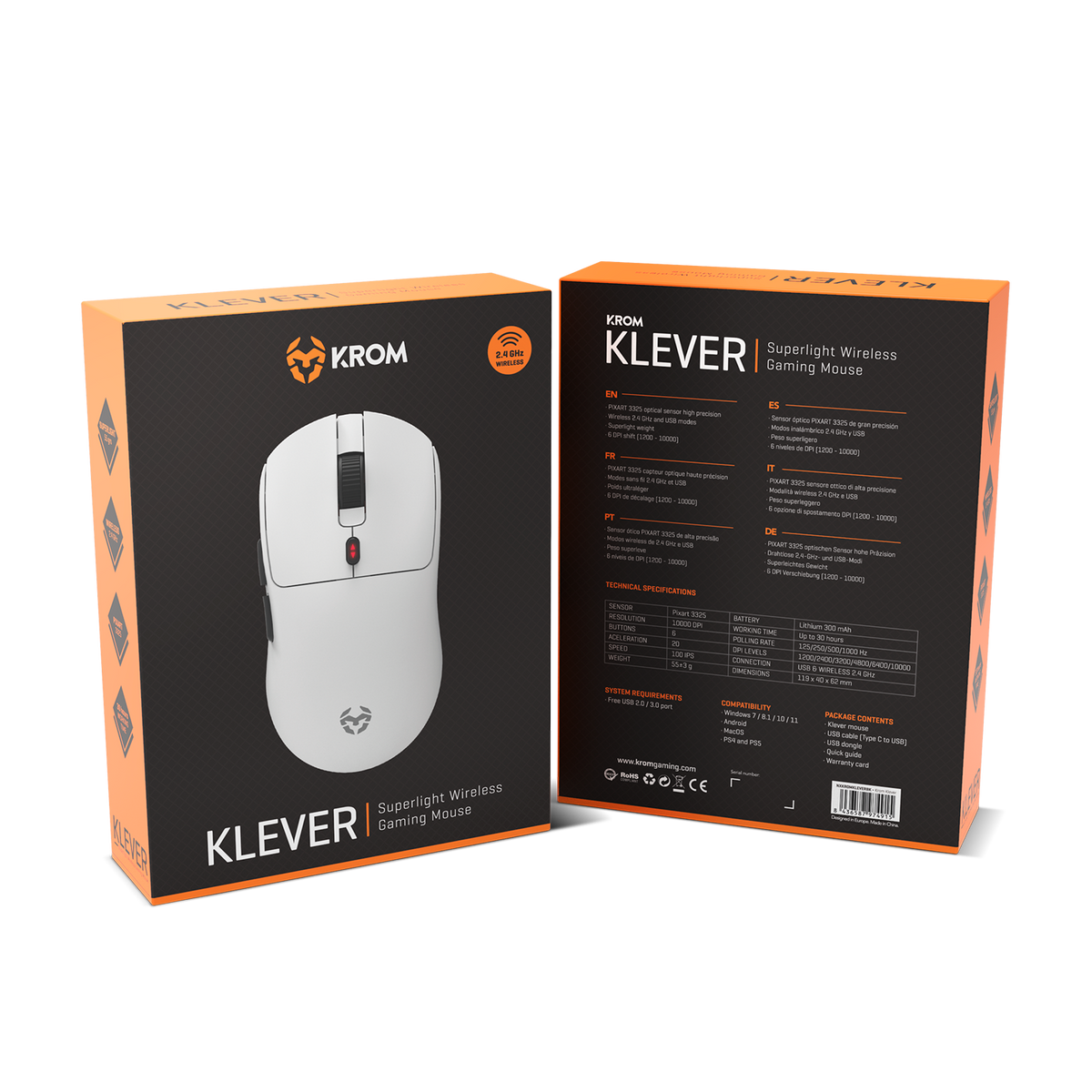 Krom Klever gaming muis verpakking met een witte muis binnenin, plus specificaties.