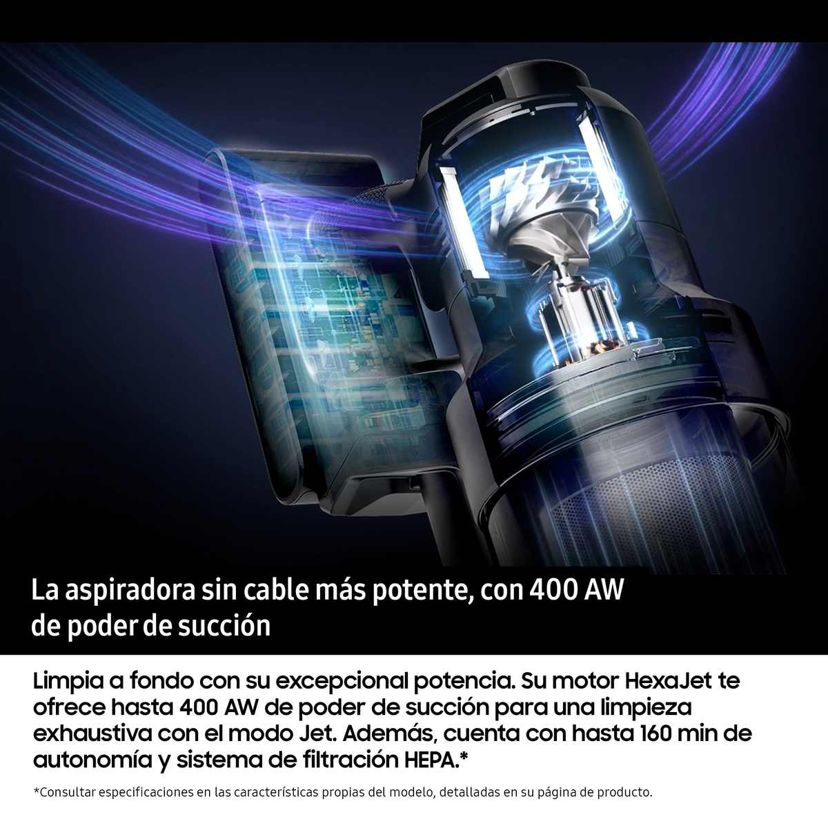 Aspiradora con texto de poder de succión en español. Componentes internos detallados visibles.