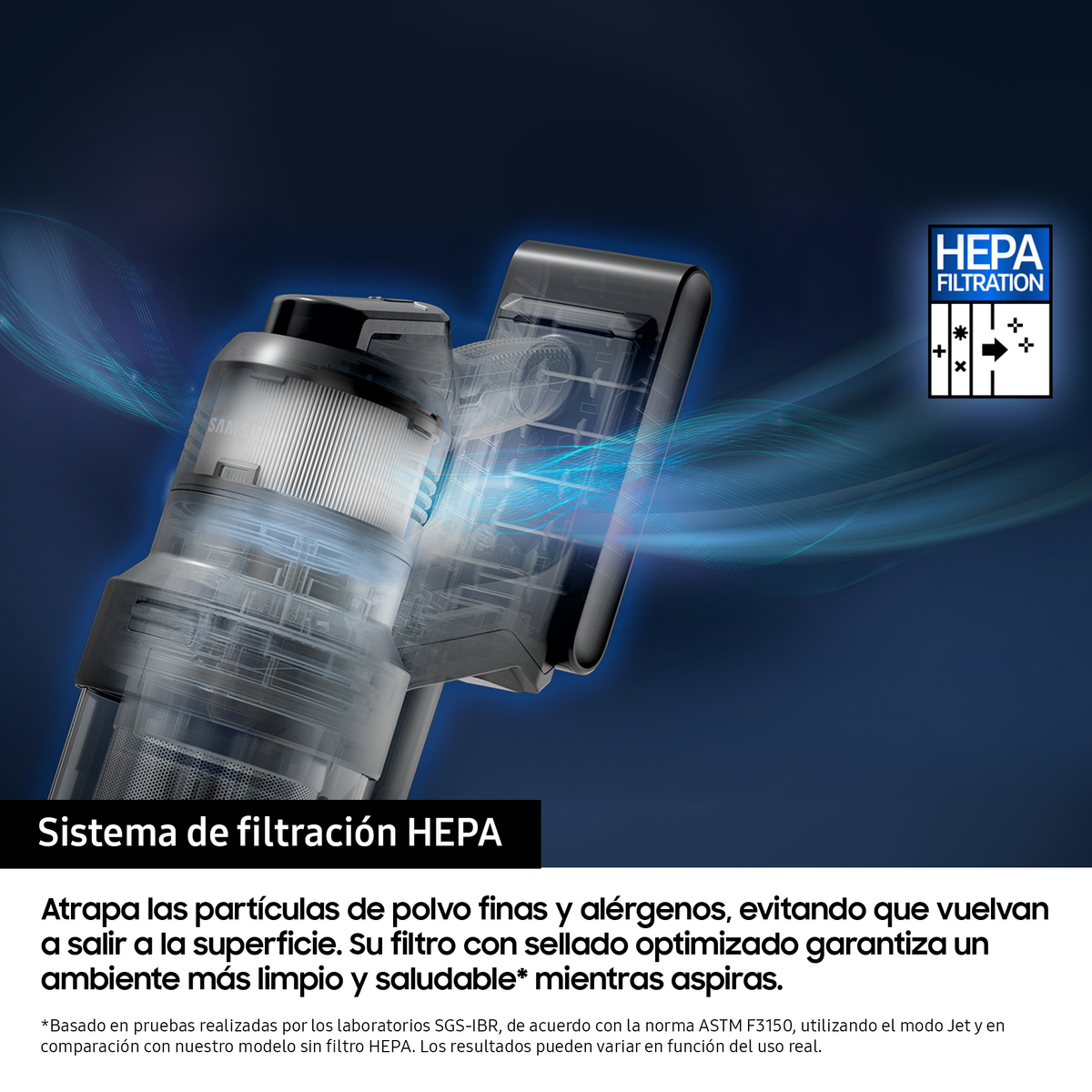 Diagrama del sistema de filtración HEPA. Texto en español describiendo la filtración de polvo y alérgenos.