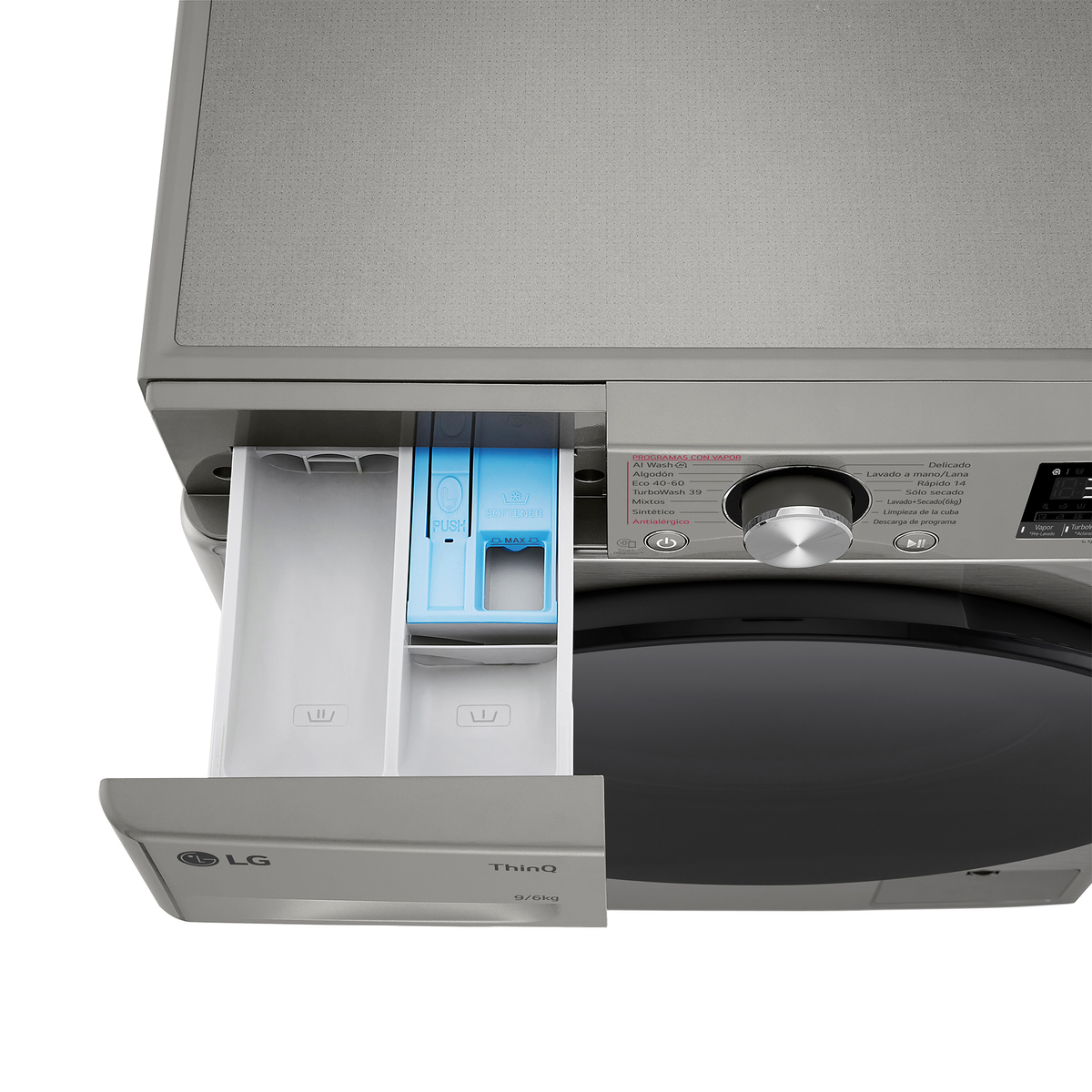 Lavatrice con cassetto aperto, che mostra scomparti per detersivo e pannello di controllo.