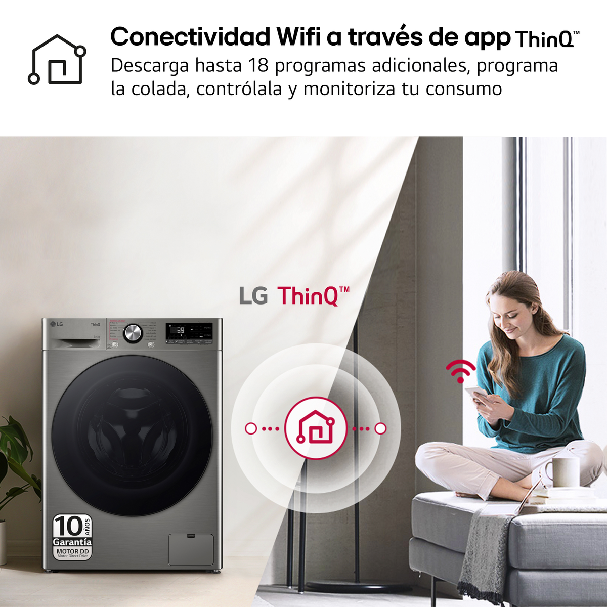 Donna usa il telefono vicino a una lavatrice. L'overlay evidenzia le funzioni smart e il Wi-Fi.