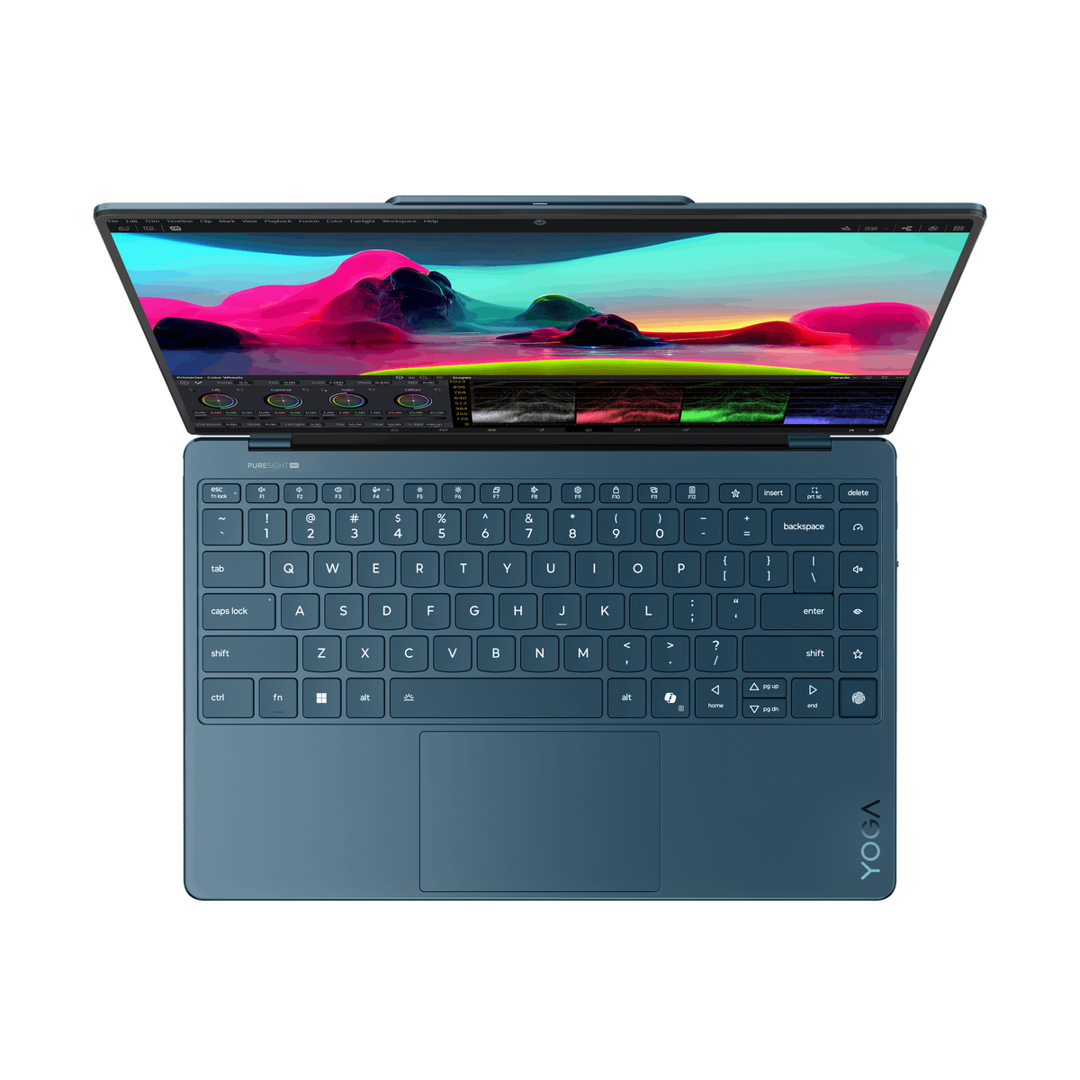 Niebieski laptop z otwartym ekranem, pokazujący kolorowy interfejs. Klawiatura jest widoczna.