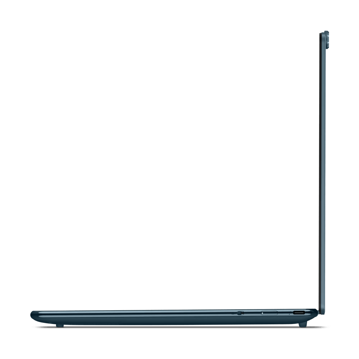 Laptop z boku, pokazujący profil. Jest w kolorze ciemnoniebieskim lub turkusowym.