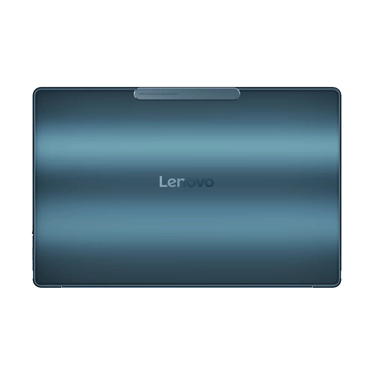 Tablet z niebieskim tyłem i logo Lenovo. Widok z góry na czarnym tle.