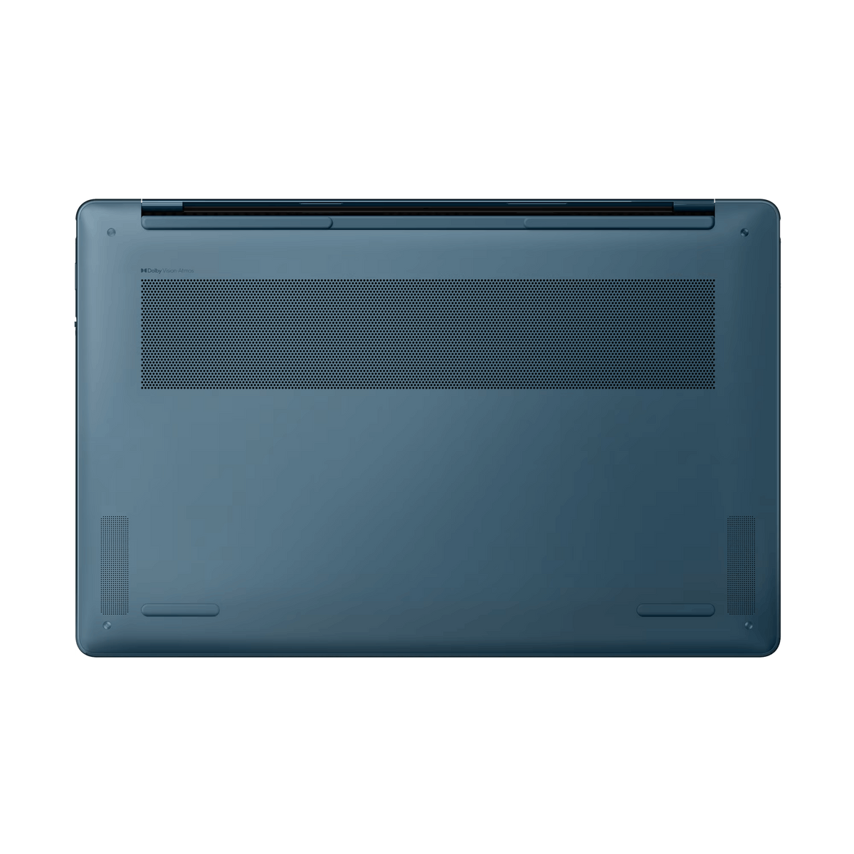 Widok od spodu niebieskiego laptopa z kratkami wentylacyjnymi.