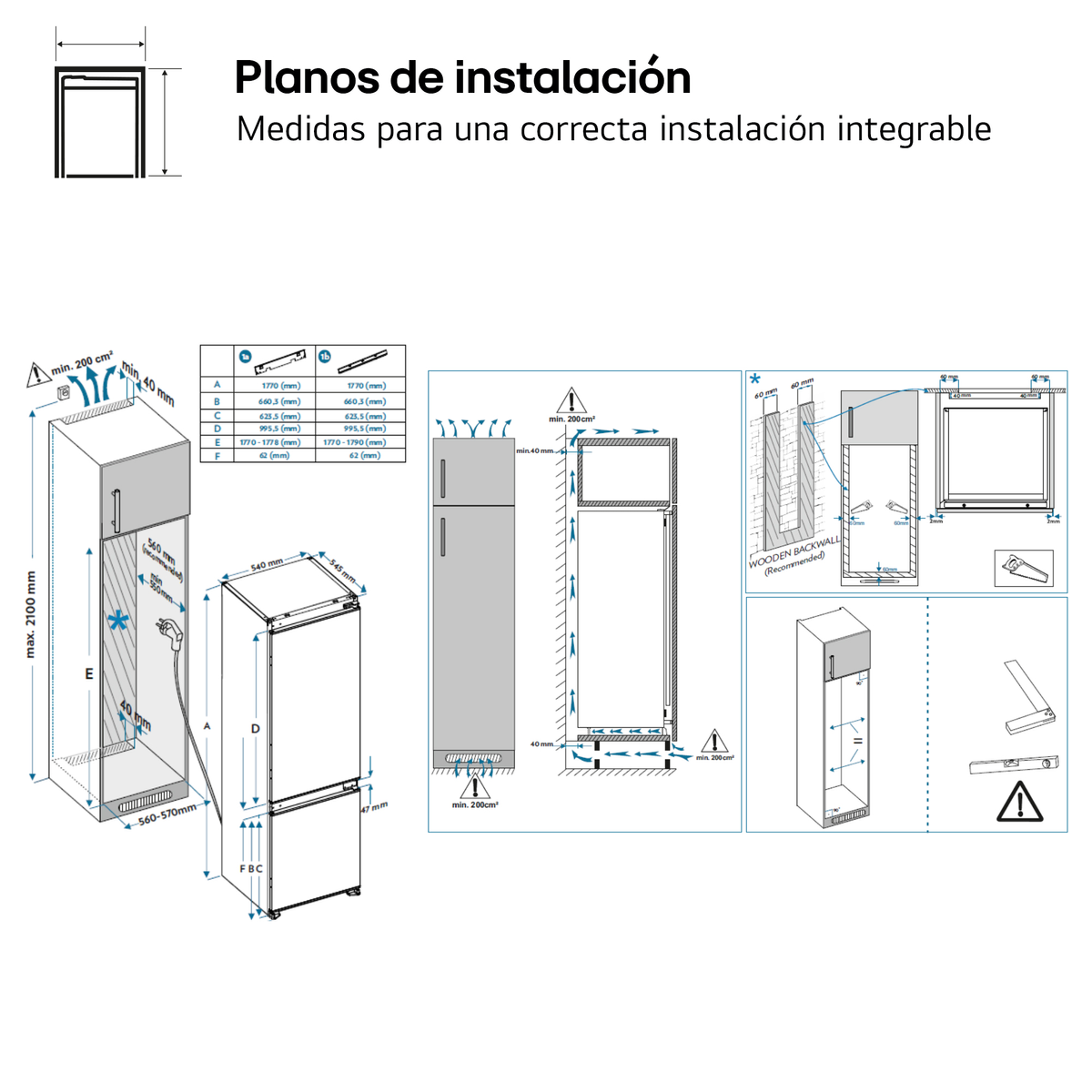 Installationspläne für einen Kühlschrank mit Abmessungen und Diagrammen für den Aufbau.