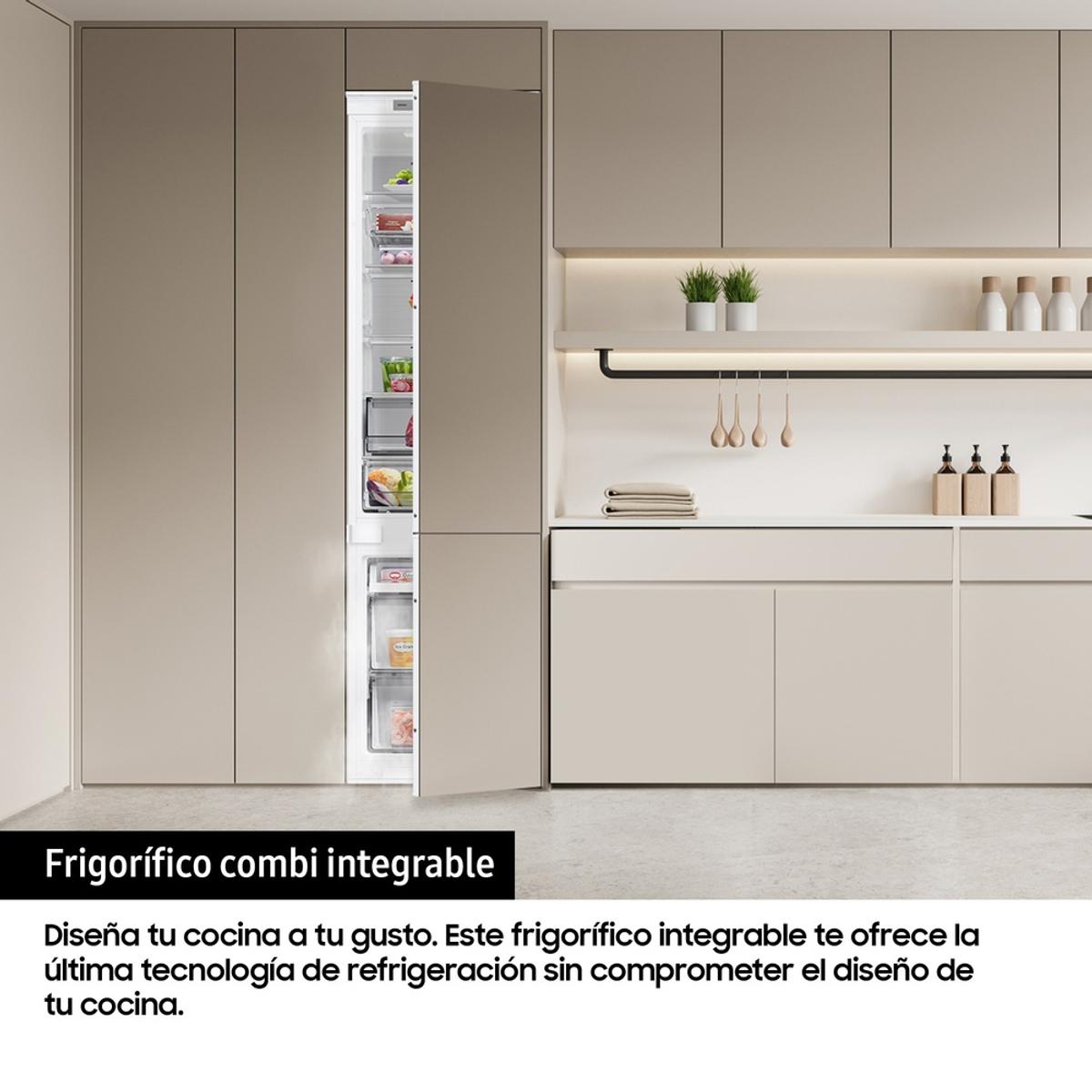 Cocina moderna con frigorífico integrado. La puerta del frigorífico está abierta, mostrando estantes.