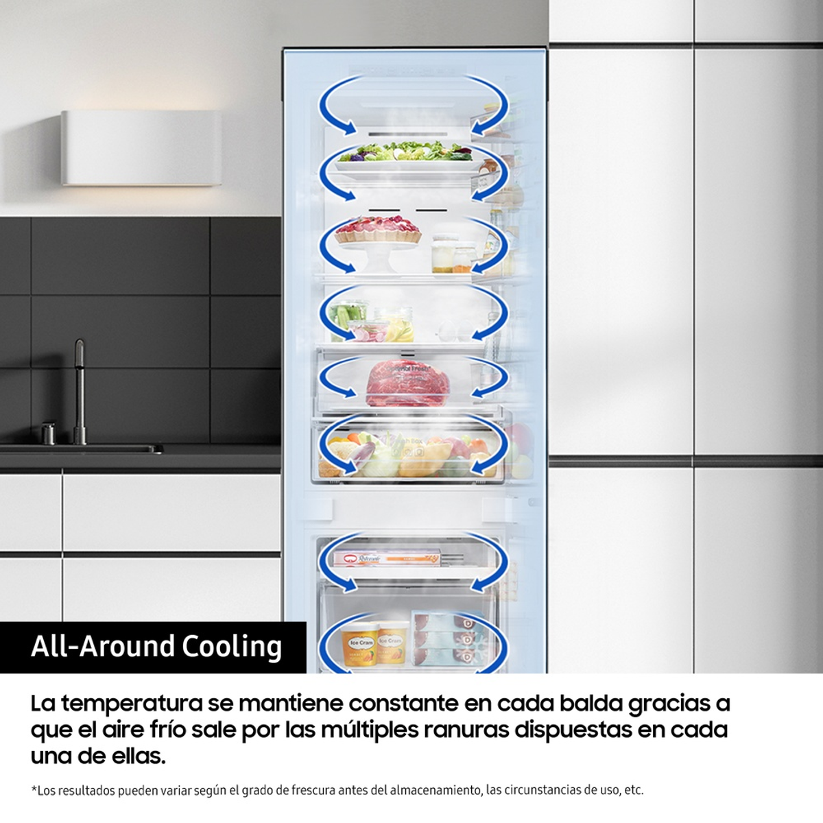 Interior del refrigerador mostrando alimentos. Flechas indican el sistema de enfriamiento. Texto: Enfriamiento completo.