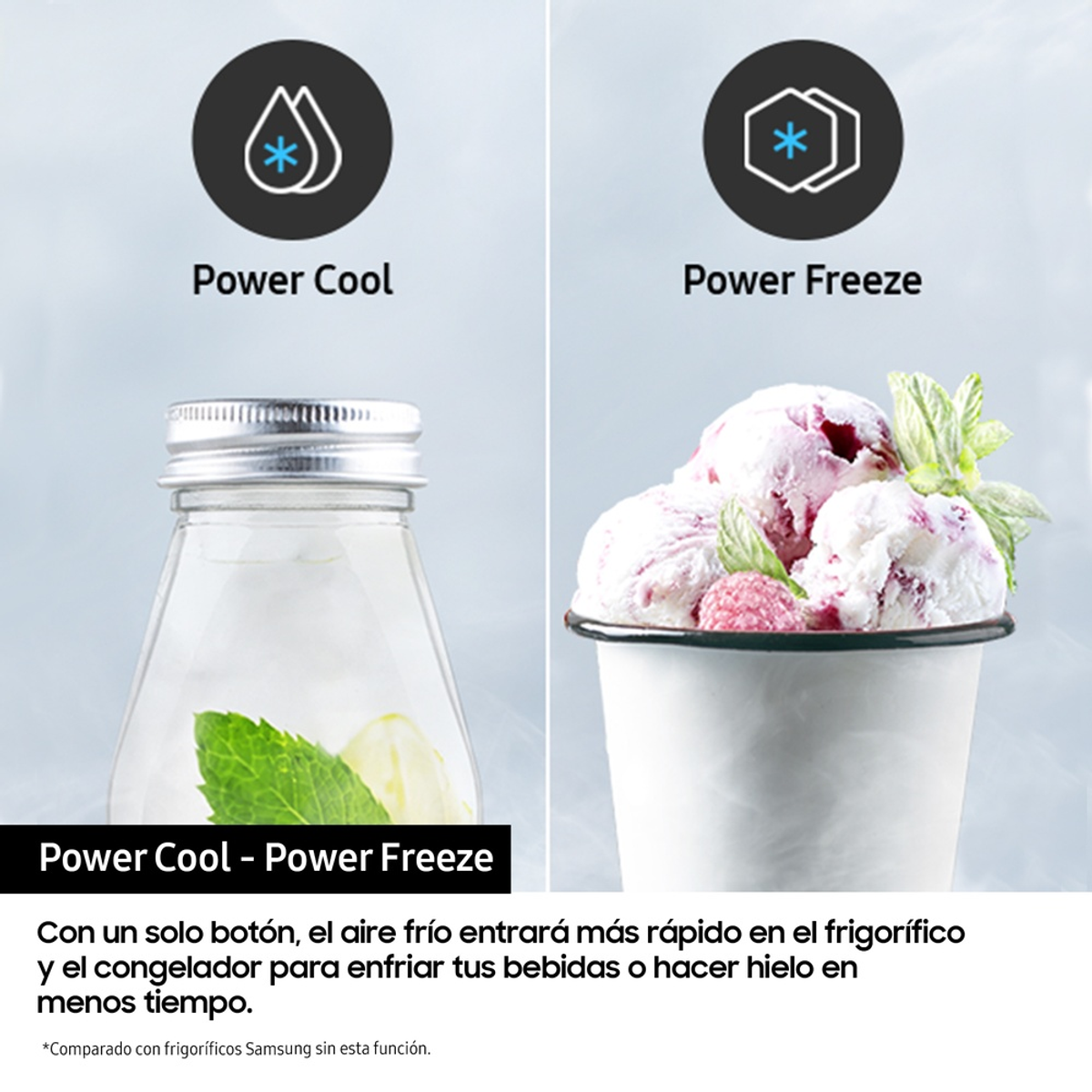 Una imagen muestra las funciones Power Cool y Power Freeze. Power Cool tiene un vaso con hielo. Power Freeze tiene helado.