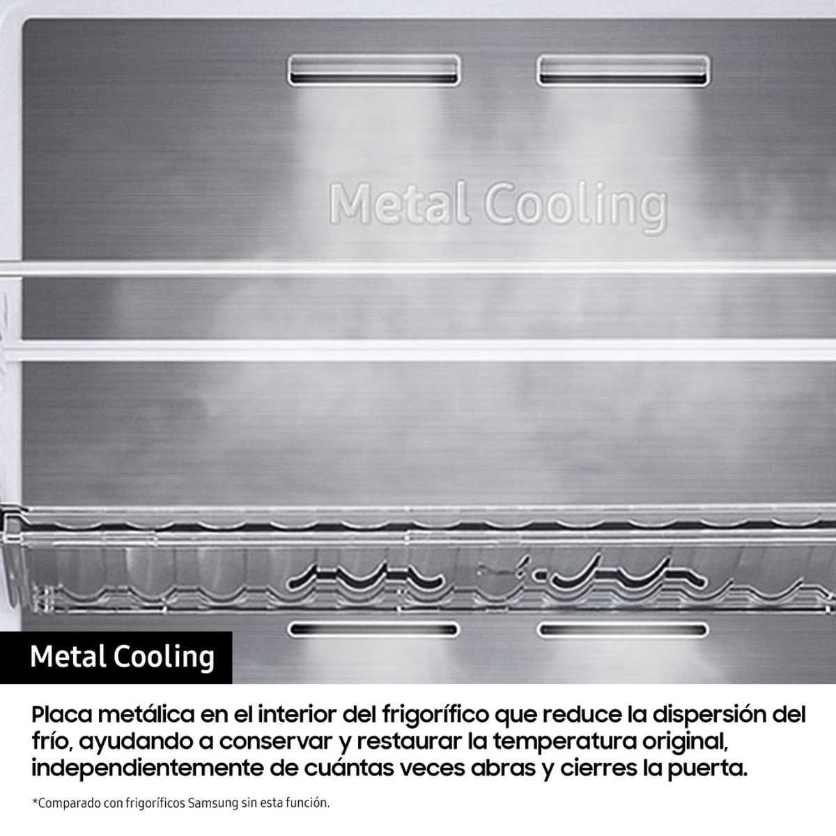 Interior de refrigerador Metal Cooling con texto en español.
