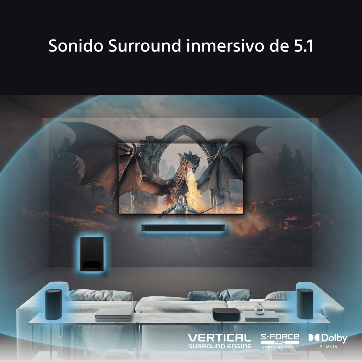 Salón con TV mostrando una escena de dragón. Sistema de sonido y altavoces.