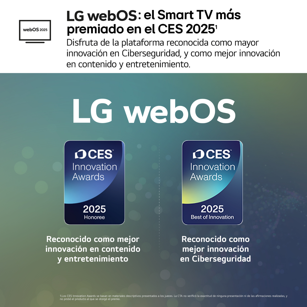 Obraz nagród i logo LG webOS, promujących innowacje w zakresie treści i cyberbezpieczeństwa.