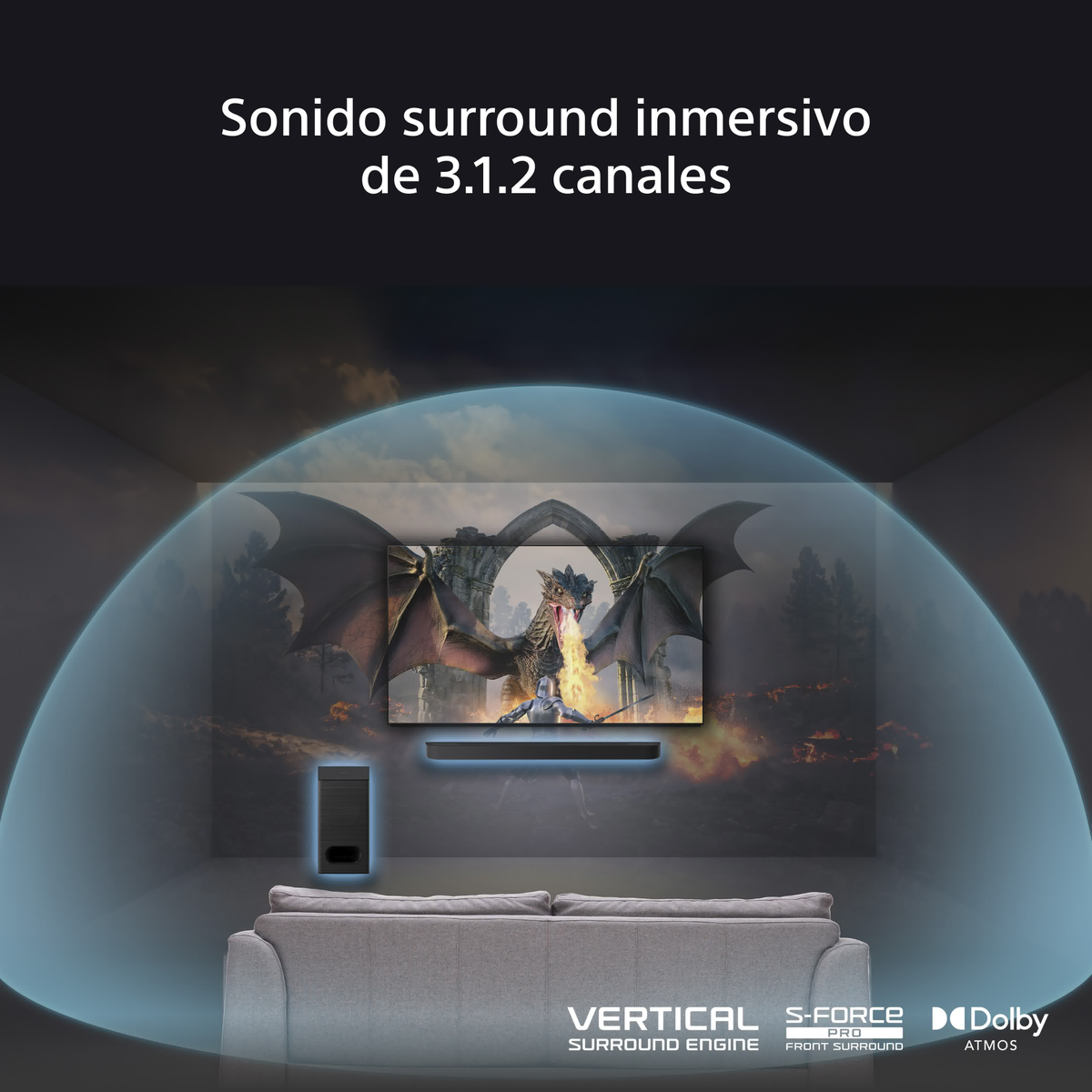Wohnzimmer mit TV, der eine Drachen-Szene zeigt. Soundbar darunter, mit gekrümmter Schallprojektion. Dolby Atmos.