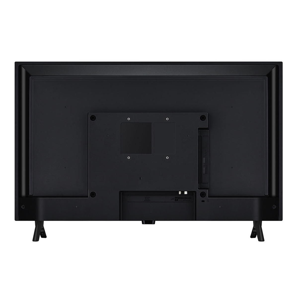 Wyświetlany jest tył czarnego telewizora. Posiada porty i złącza. Po każdej stronie znajdują się dwie nogi.