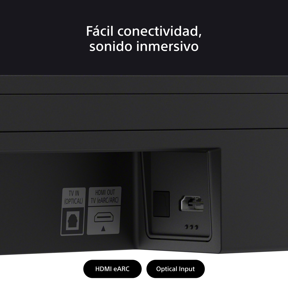 Nahaufnahme der Rückseite einer Soundbar mit Eingangsanschlüssen: HDMI eARC und Optischer Eingang.