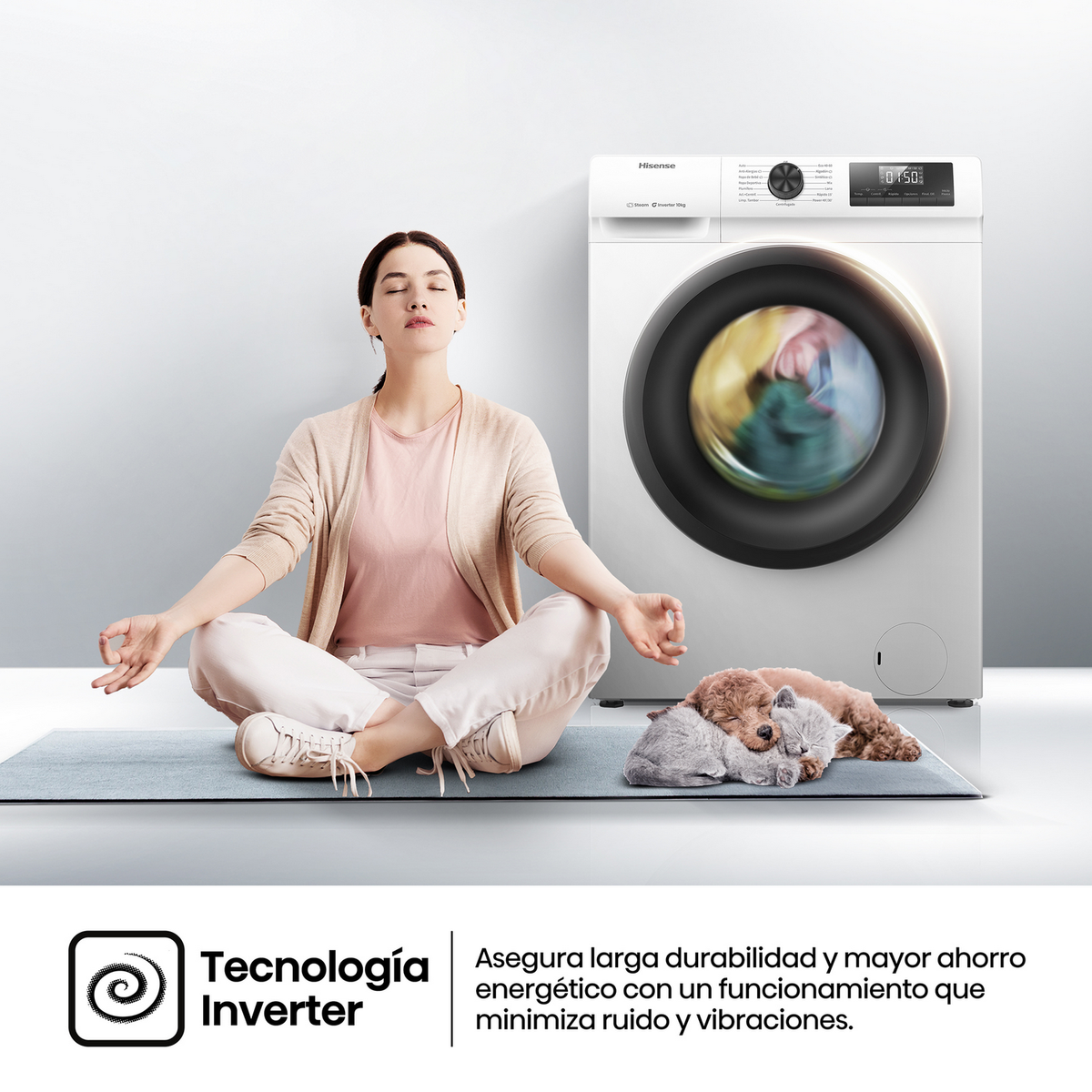 Kobieta medytuje obok pralki. Dwa koty śpią na macie.