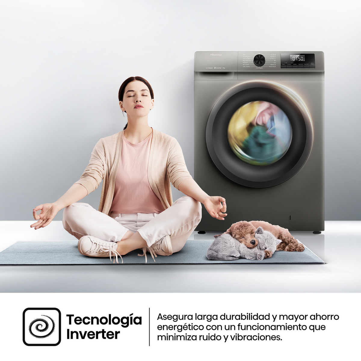 Kobieta medytująca przed szarą pralką, z dwoma śpiącymi kotami.