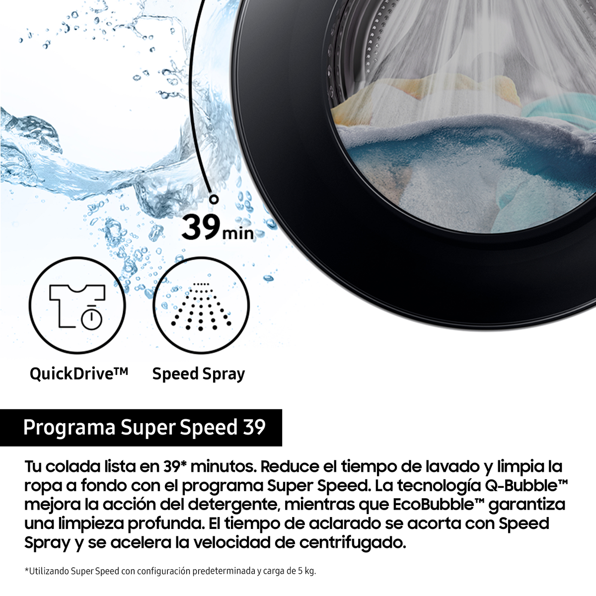 Pralka z wyświetlaczem pokazującym 39 minut, ikonami szybkiego napędu i szybkiego spryskiwania.