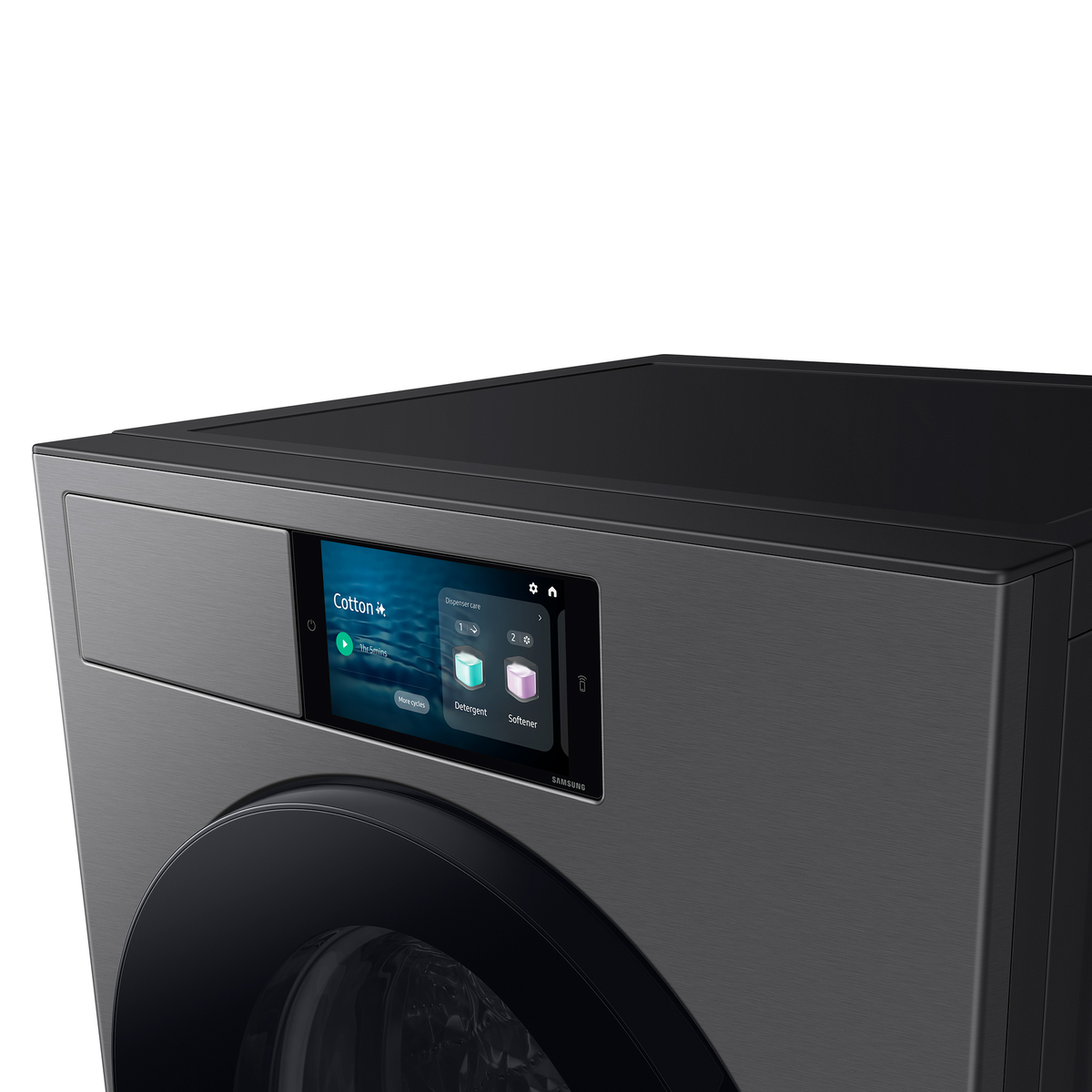 Zbliżenie panelu sterowania pralki z ekranem dotykowym i przyciskami. Maszyna jest ciemnoszara.