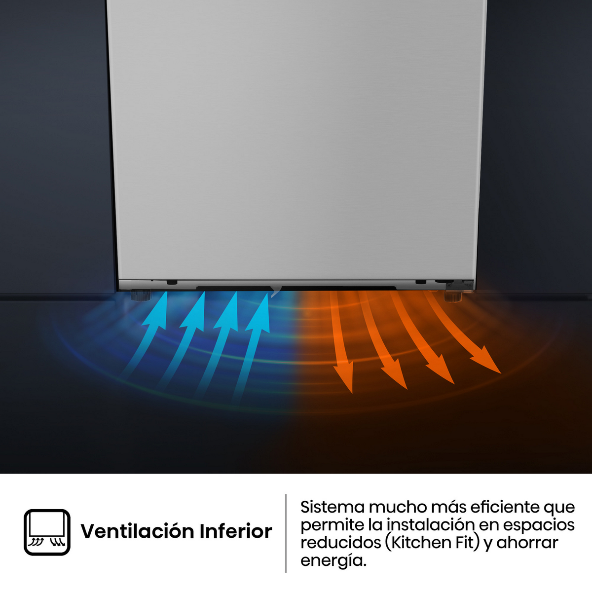 Un refrigerador con flechas azules y naranjas que indican el flujo de aire. Texto: "Ventilación Inferior".
