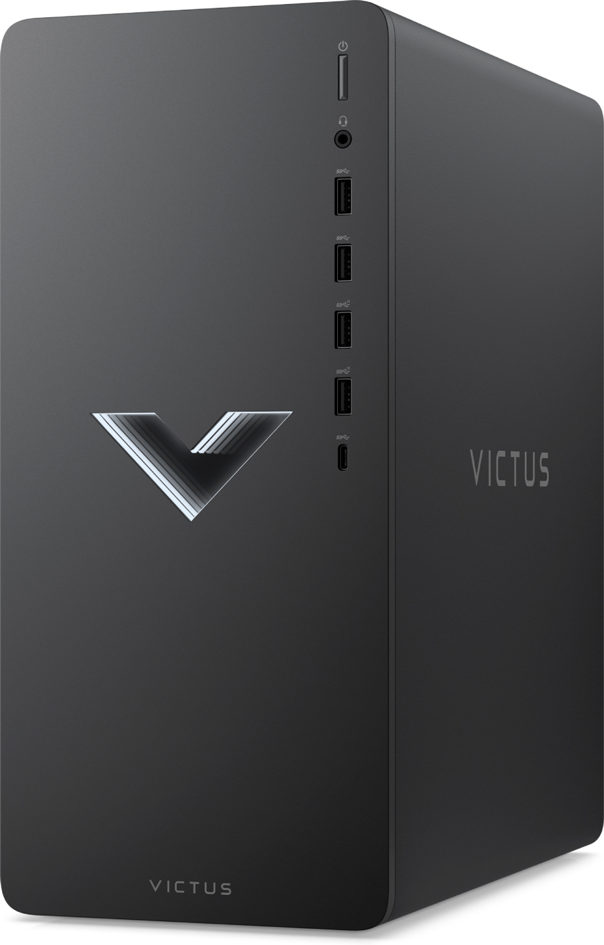 Torre de ordenador negra con un logotipo en forma de V y la palabra VICTUS al lado.