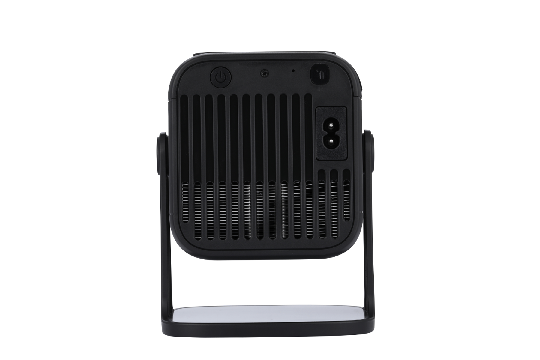 Proyector negro con soporte. La parte trasera tiene ventilación, entrada de corriente y un botón pequeño.