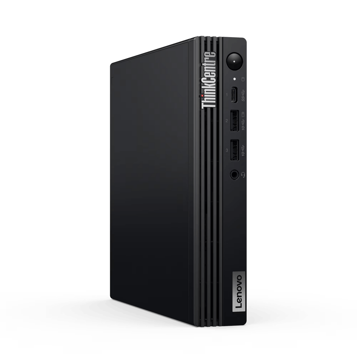 Czarny komputer stacjonarny Lenovo ThinkCentre, widok z boku, na czarnym tle.