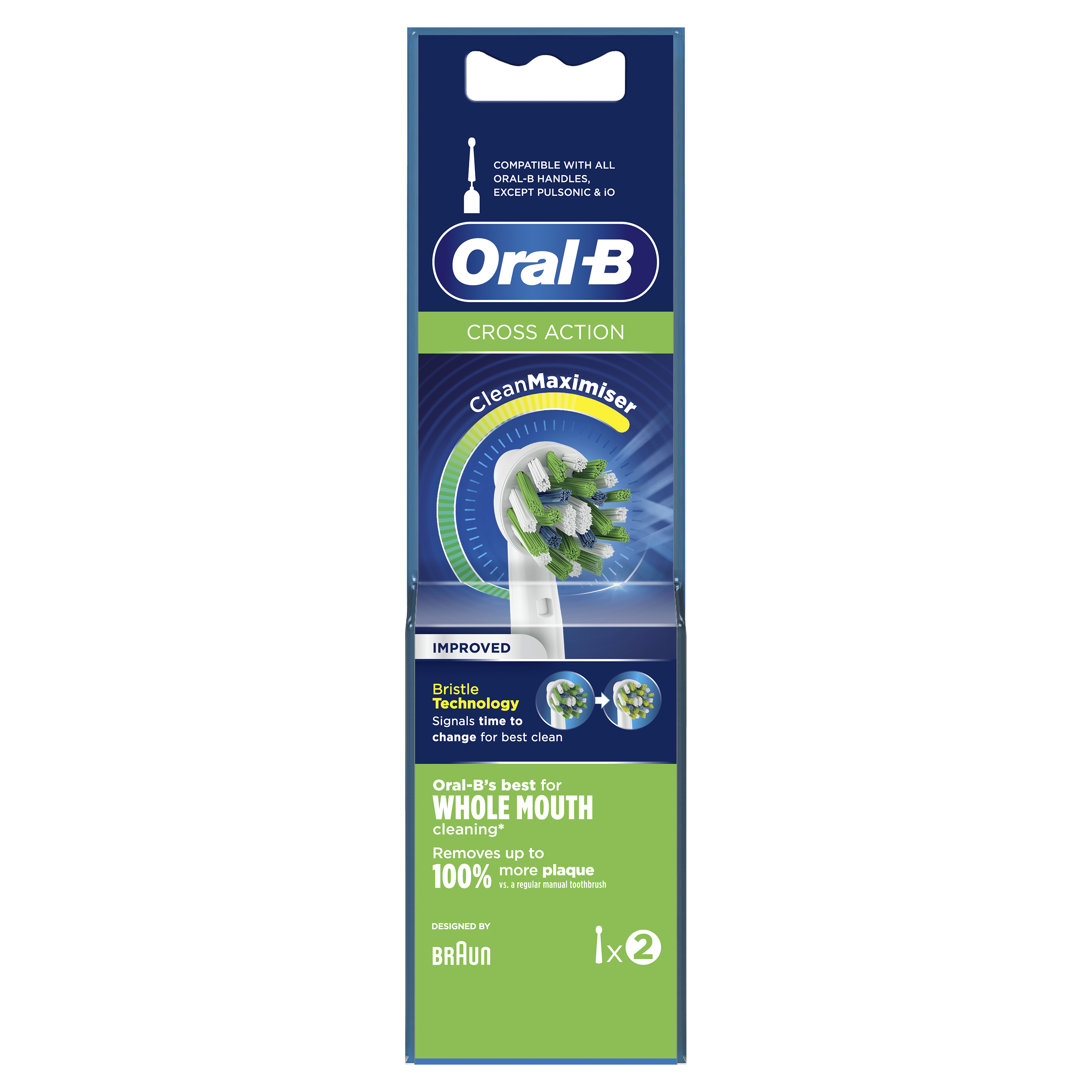 Testine per spazzolino Oral-B nella confezione. Le setole sono verdi e bianche.