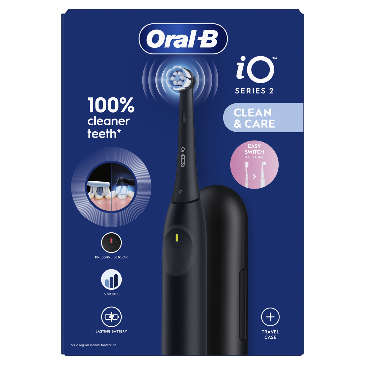 Czarna szczoteczka elektryczna Oral-B iO Series 2, z etui i ikonami pokazującymi funkcje.