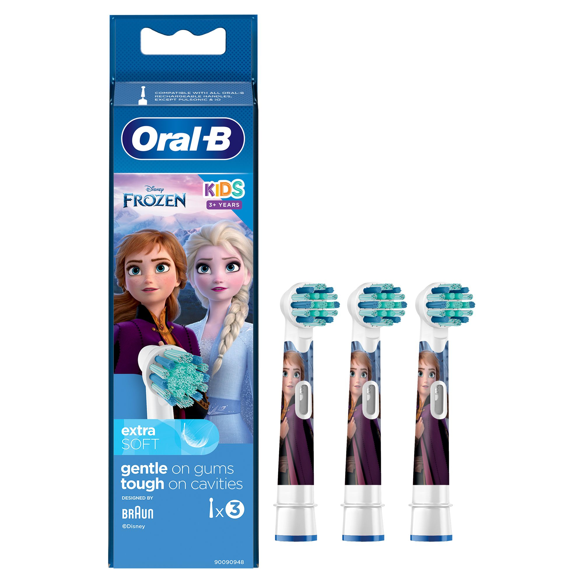 Oral-B-Zahnbürstenköpfe mit Frozen-Charakteren und die Verpackung auf weißem Hintergrund.