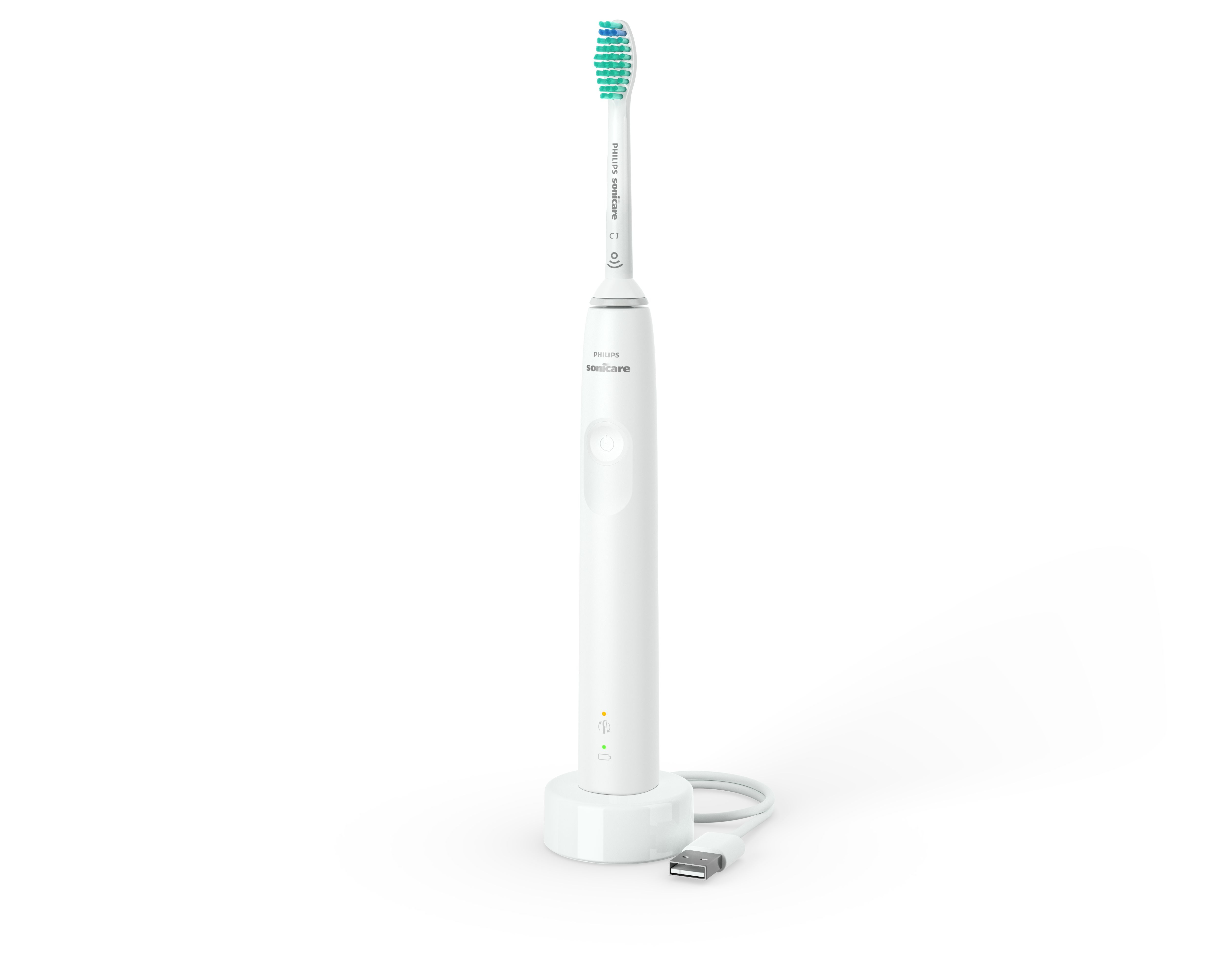 Biała elektryczna szczoteczka Philips Sonicare na białej podstawie i tle.