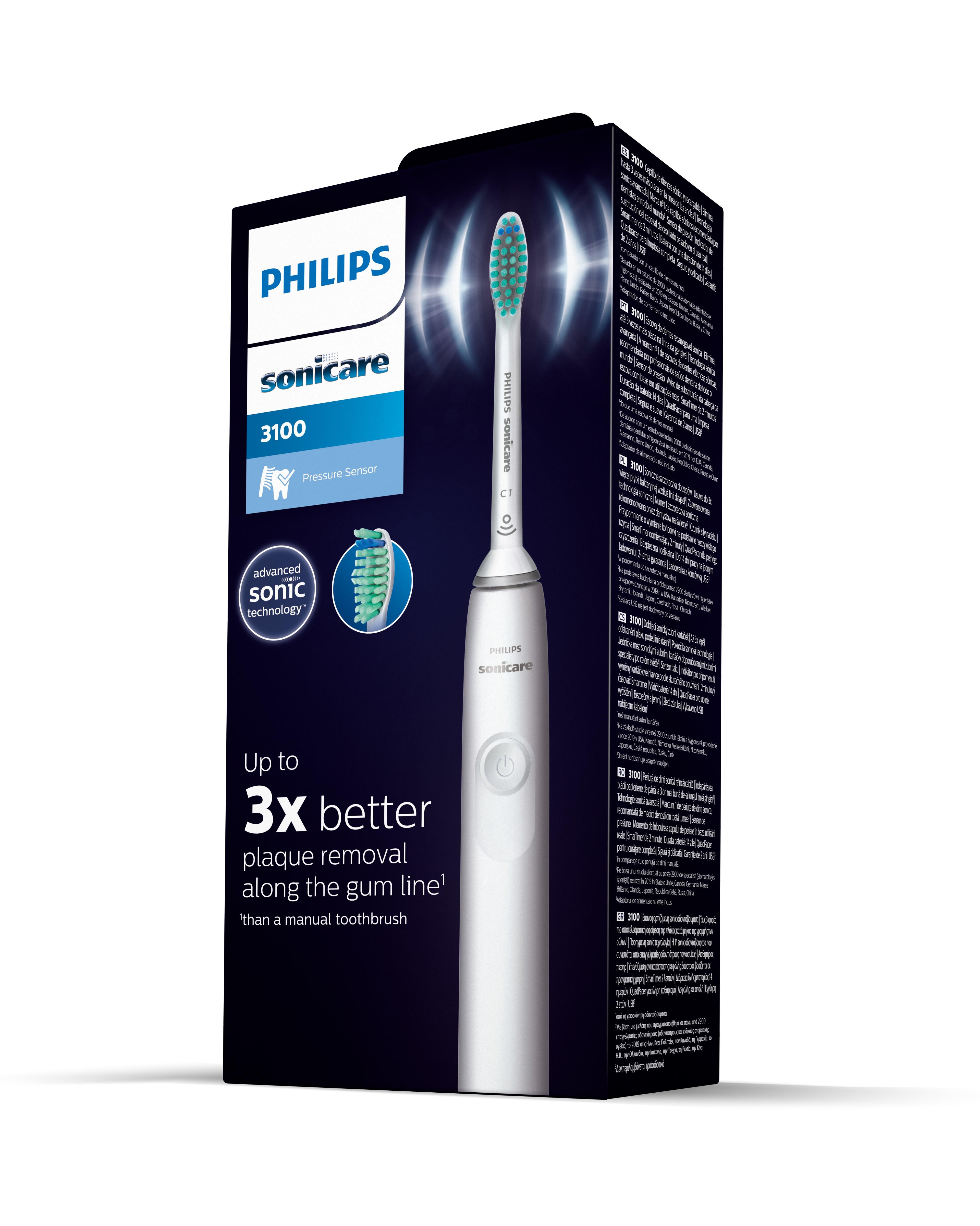 Szczoteczka do zębów Philips Sonicare 3100 w pudełku, z tekstem i funkcjami.