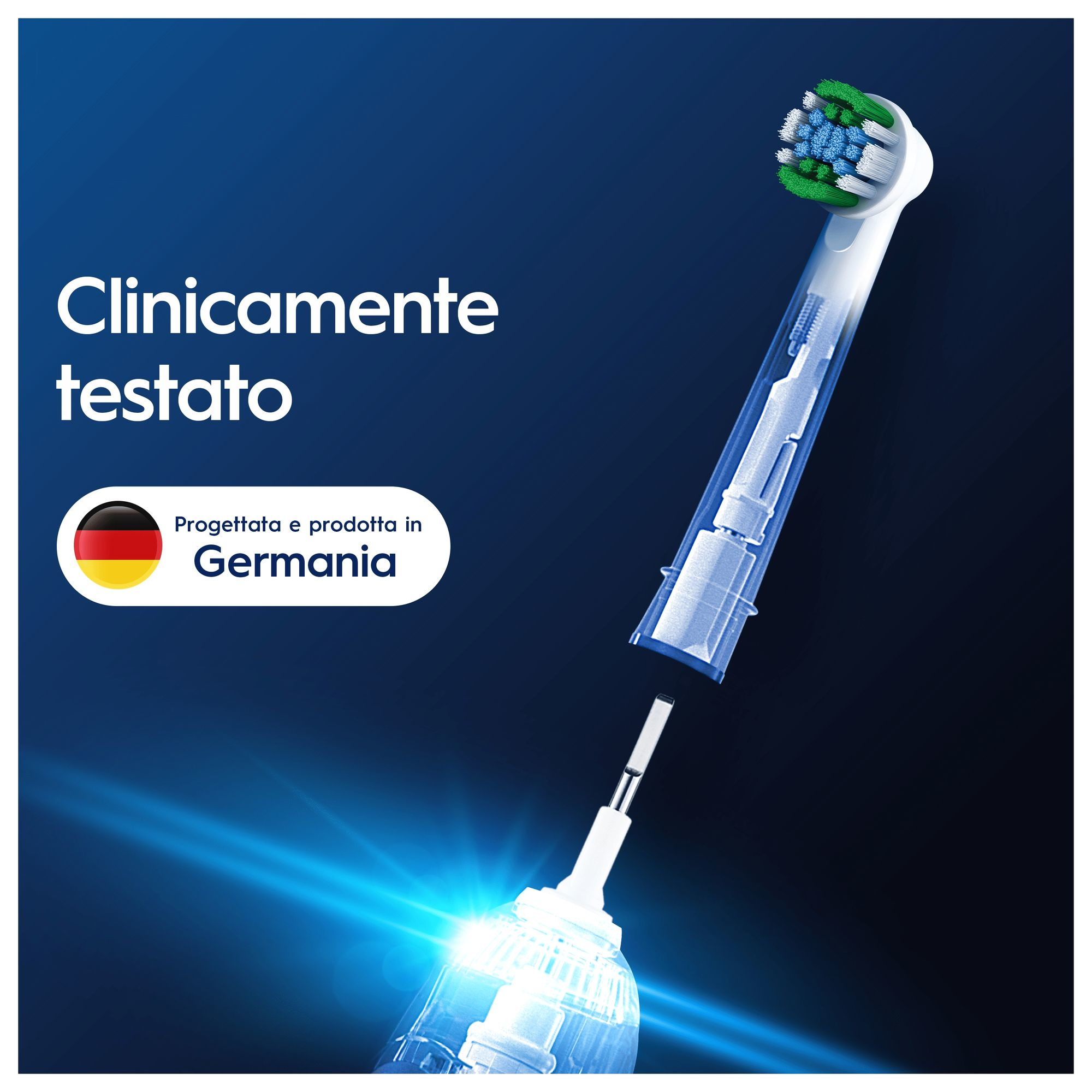 Zahnbürstenkopf mit blauen und grünen Borsten, Schnittansicht. Text: Clinicamente testato, Progettata e prodotta in Germania.