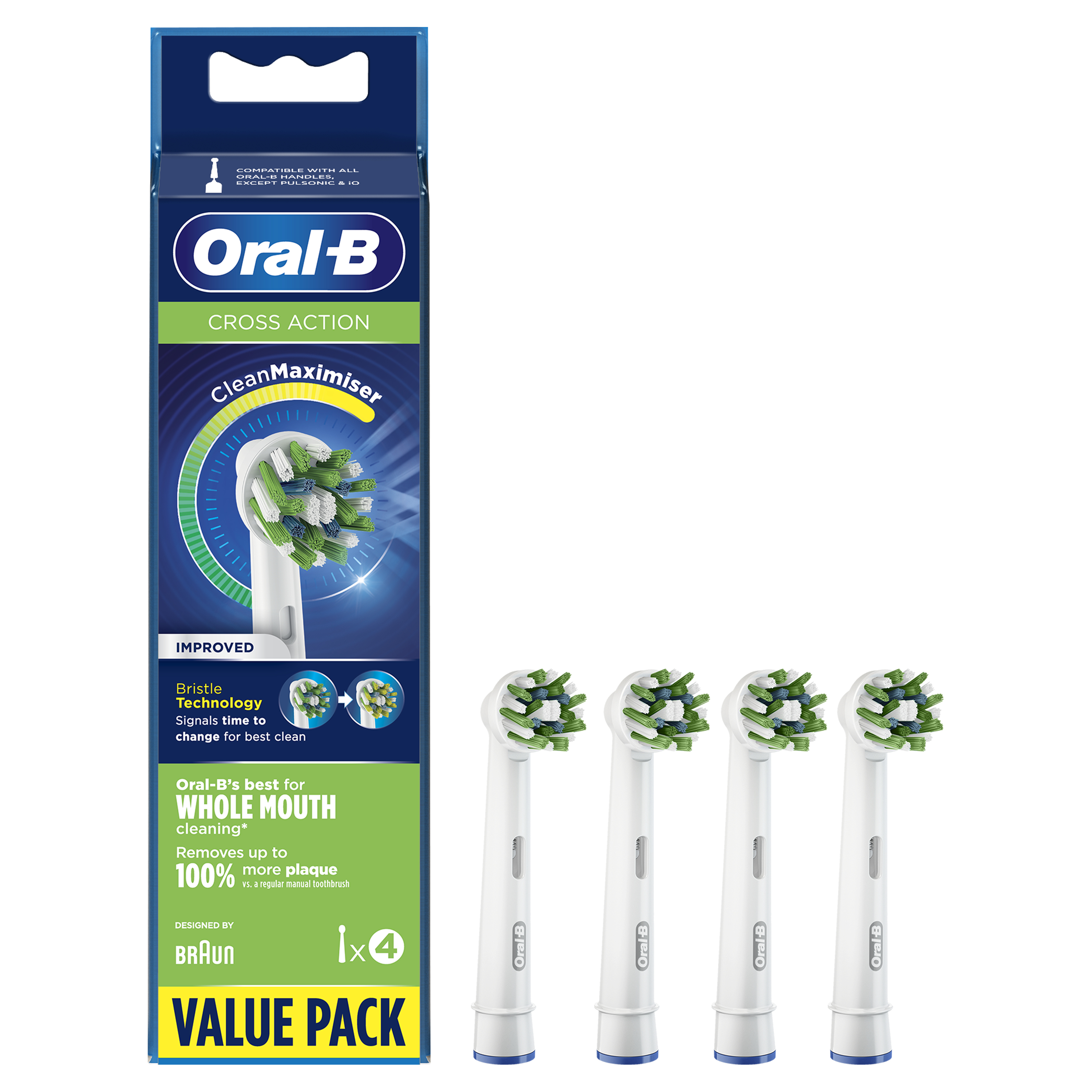 Scatola di testine Oral-B Cross Action e quattro testine di ricambio, su sfondo bianco.